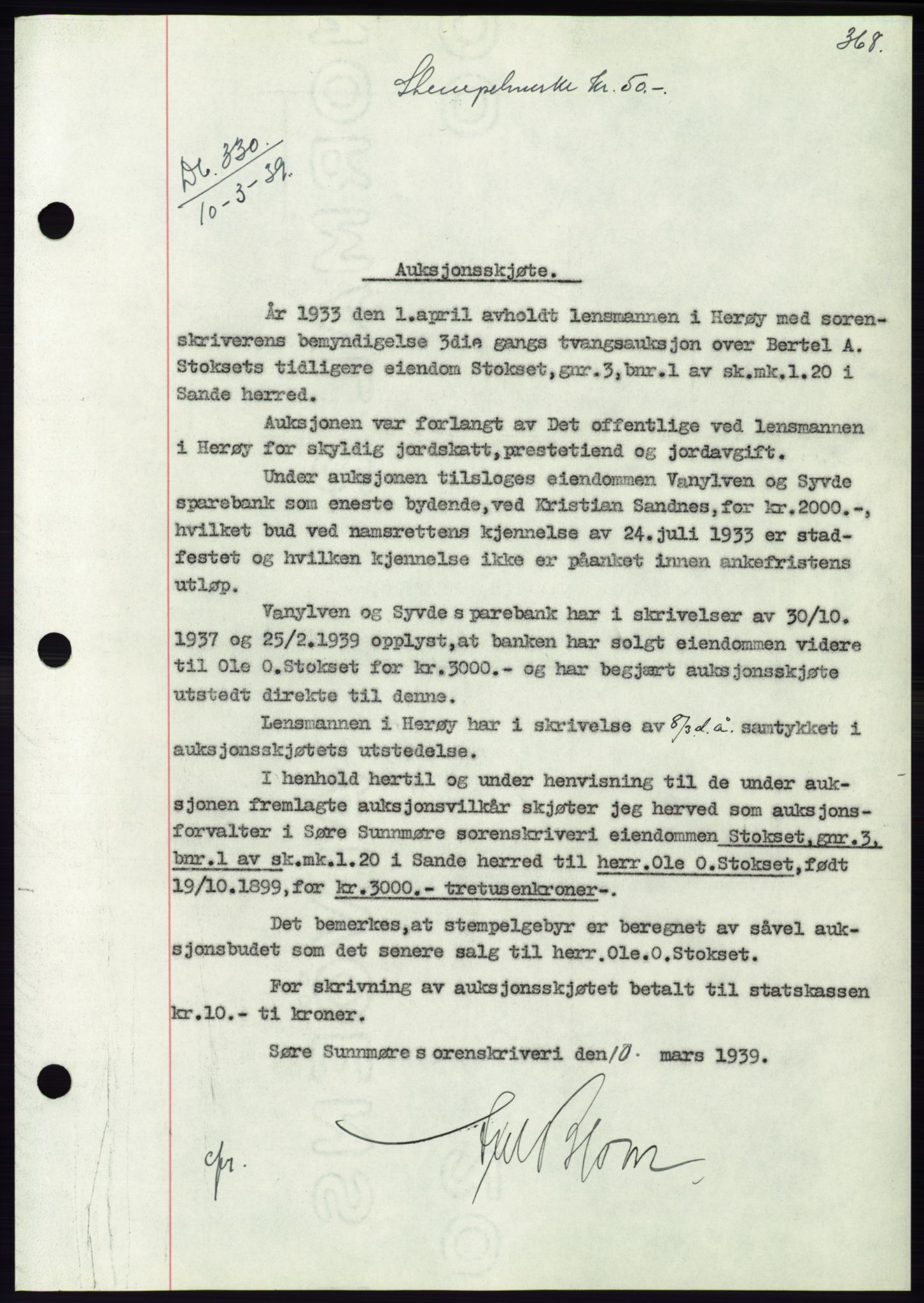 Søre Sunnmøre sorenskriveri, AV/SAT-A-4122/1/2/2C/L0067: Mortgage book no. 61, 1938-1939, Diary no: : 330/1939