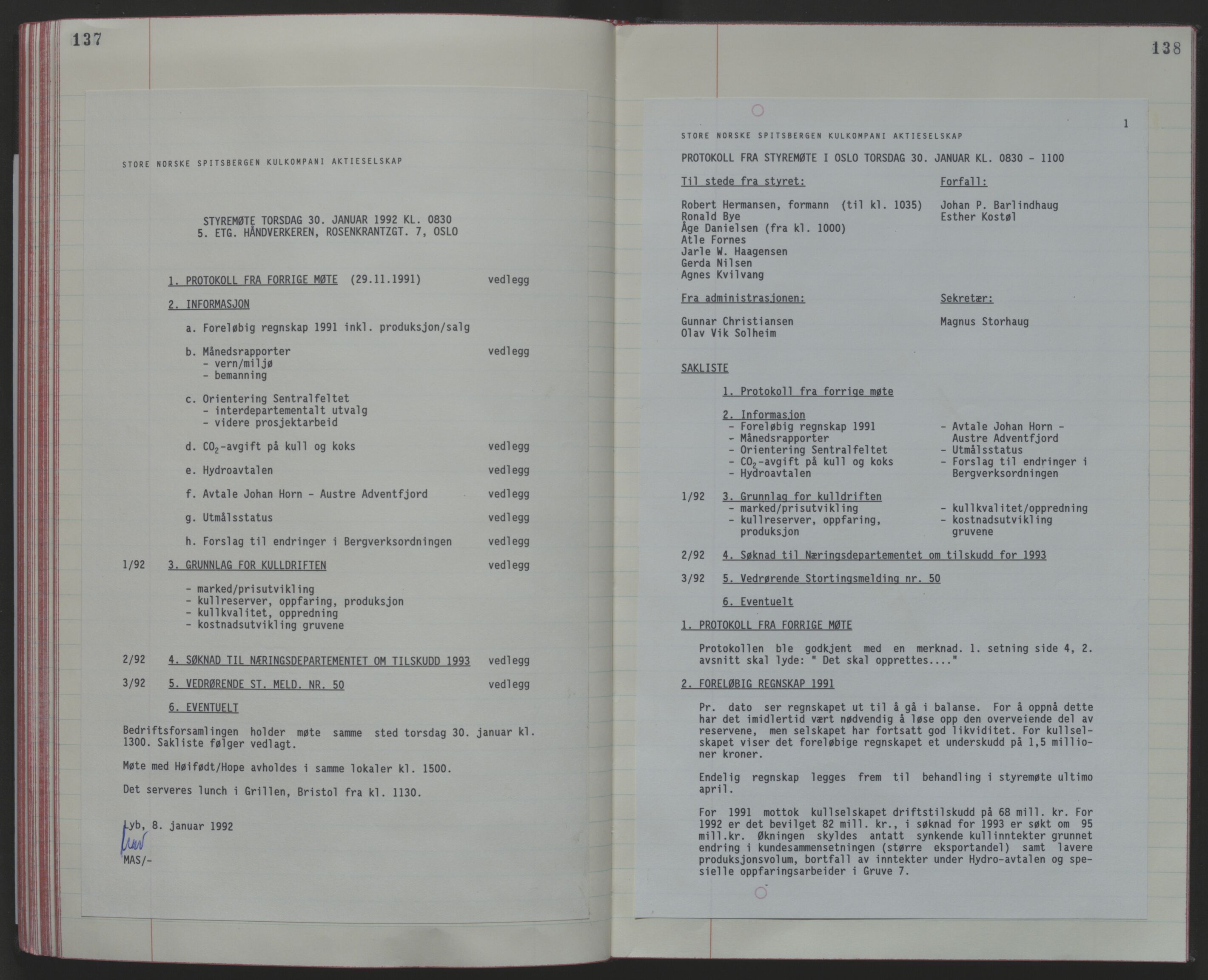 Store Norske Spitsbergen Kulkompani A/S, AV/SATØ-P-0073/09/A/Ab/Aba/L0003: Styreprotokoll 8, 1987-1994, p. 137-138