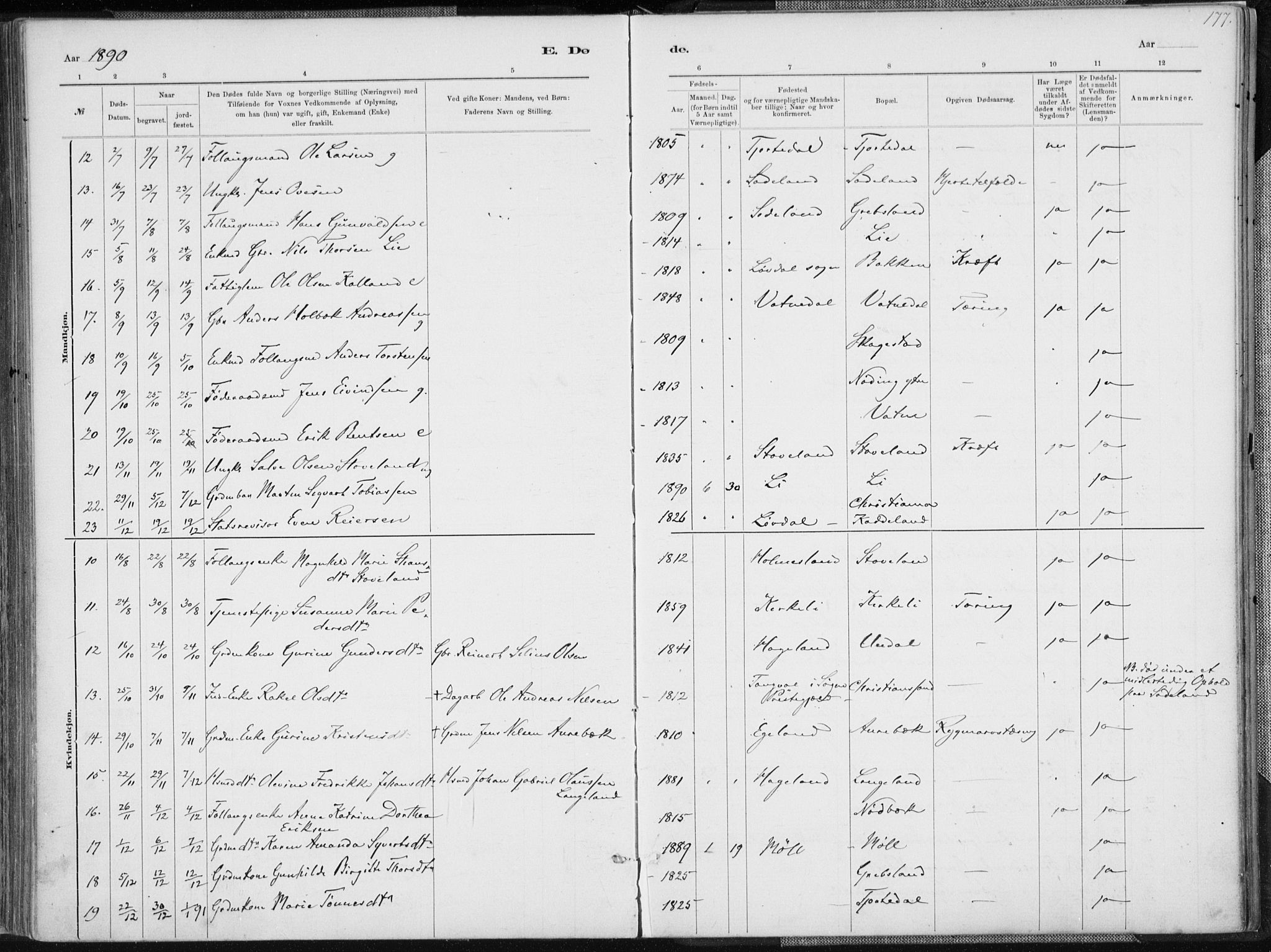 Holum sokneprestkontor, AV/SAK-1111-0022/F/Fa/Faa/L0007: Parish register (official) no. A 7, 1884-1907, p. 177