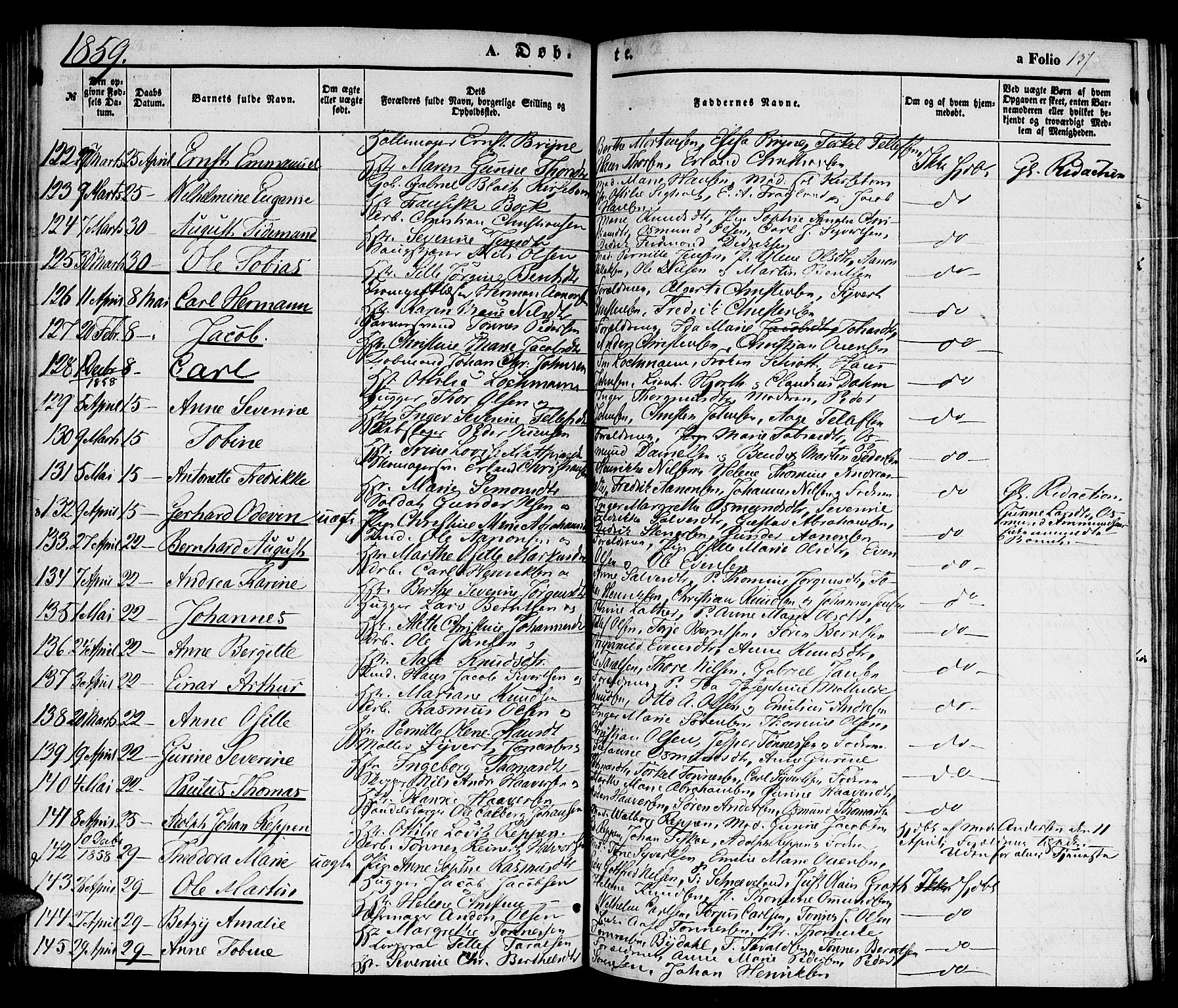 Kristiansand domprosti, SAK/1112-0006/F/Fb/L0011: Parish register (copy) no. B 11, 1851-1861, p. 137
