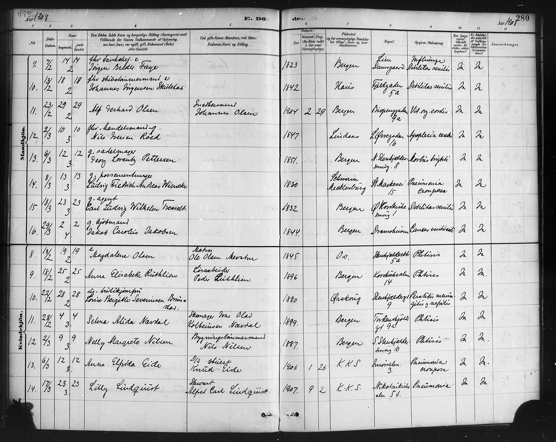 Korskirken sokneprestembete, AV/SAB-A-76101/H/Haa/L0047: Parish register (official) no. E 5, 1884-1910, p. 280