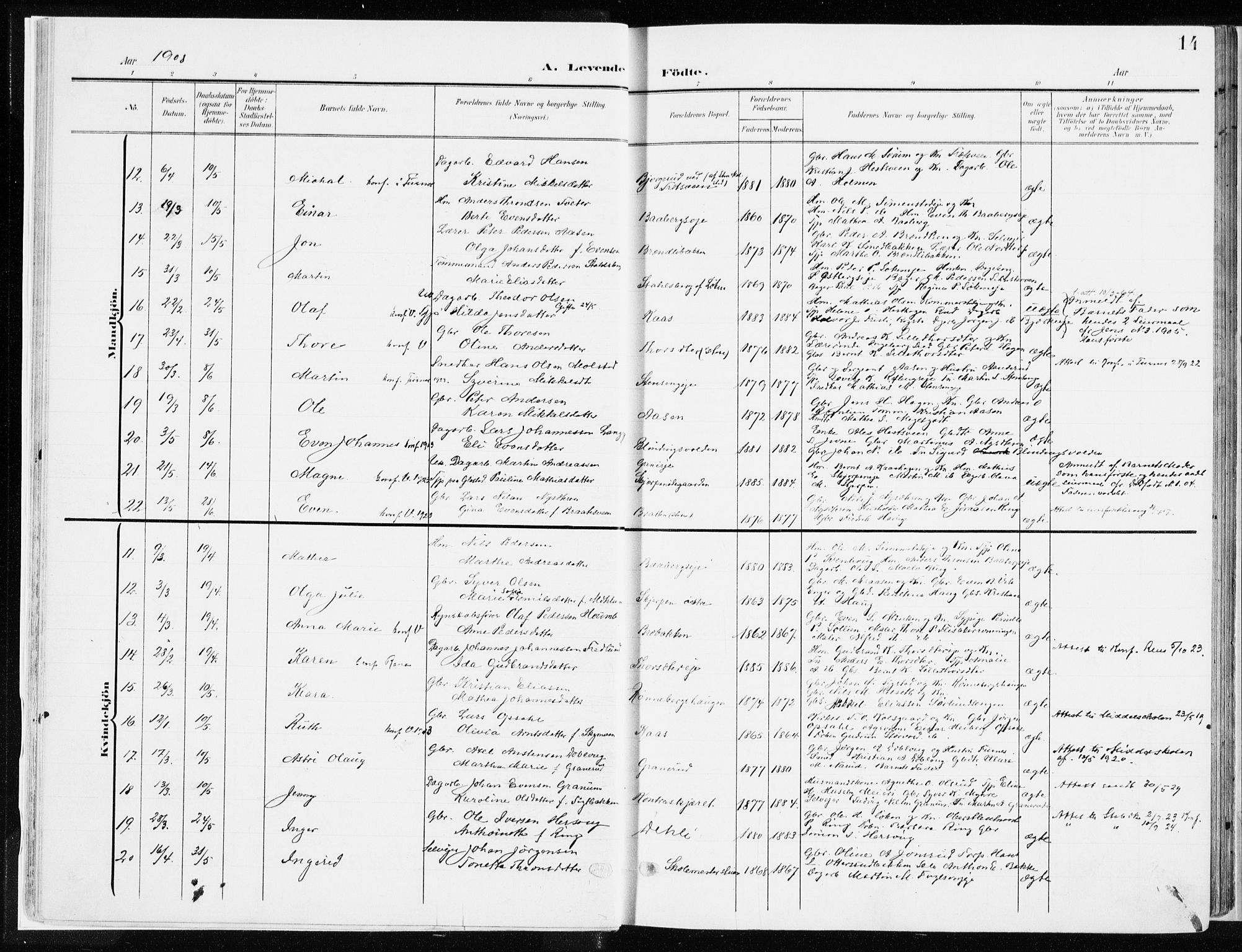 Ringsaker prestekontor, AV/SAH-PREST-014/K/Ka/L0019: Parish register (official) no. 19, 1905-1920, p. 14