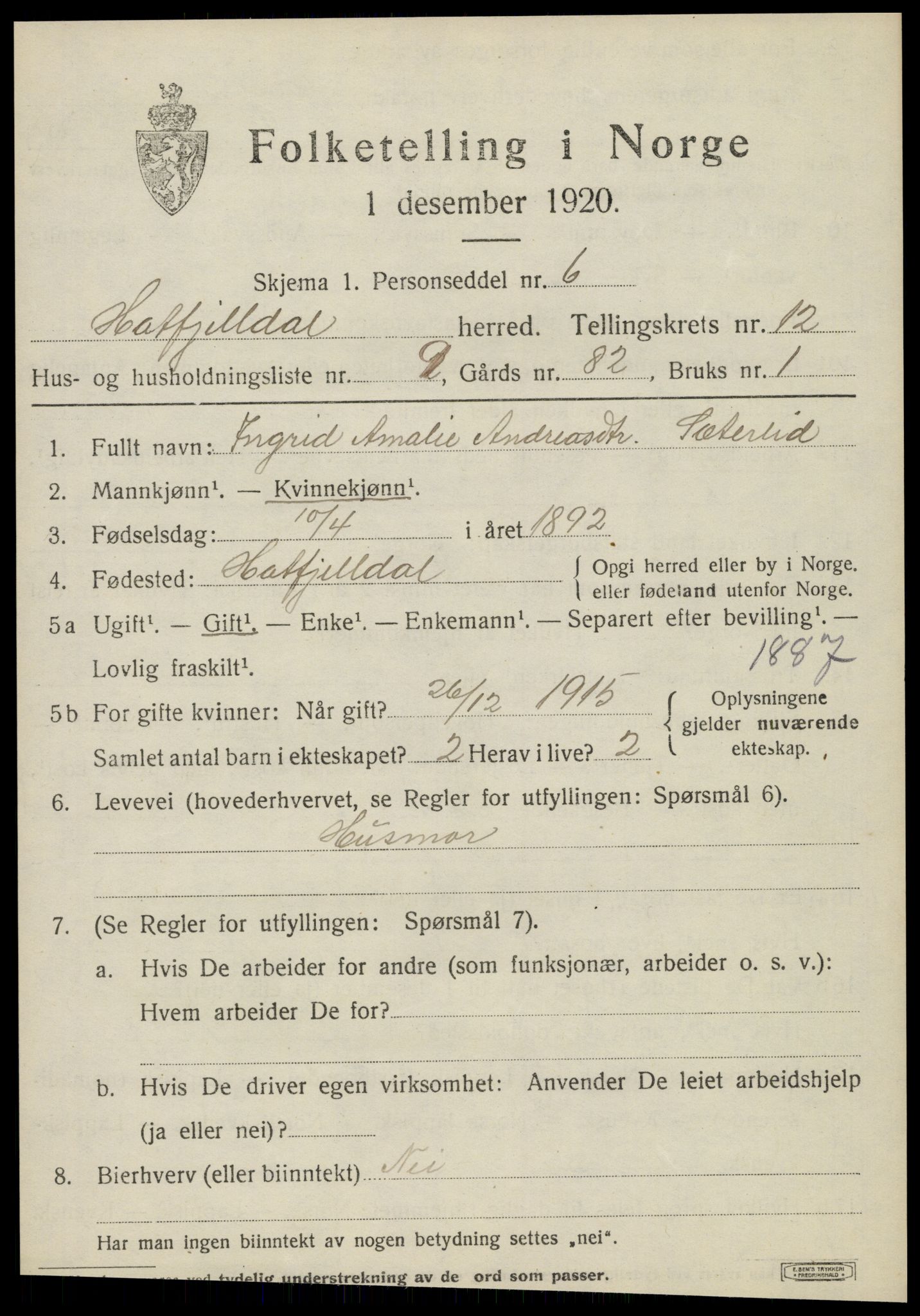 SAT, 1920 census for Hattfjelldal, 1920, p. 2874