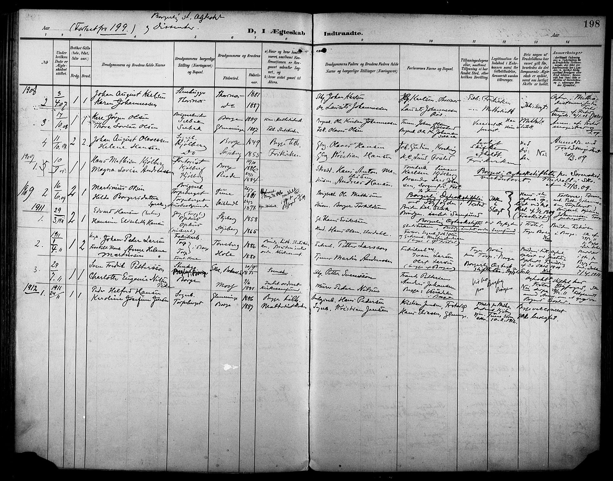 Borge prestekontor Kirkebøker, AV/SAO-A-10903/F/Fa/L0009: Parish register (official) no. I 9, 1902-1911, p. 198