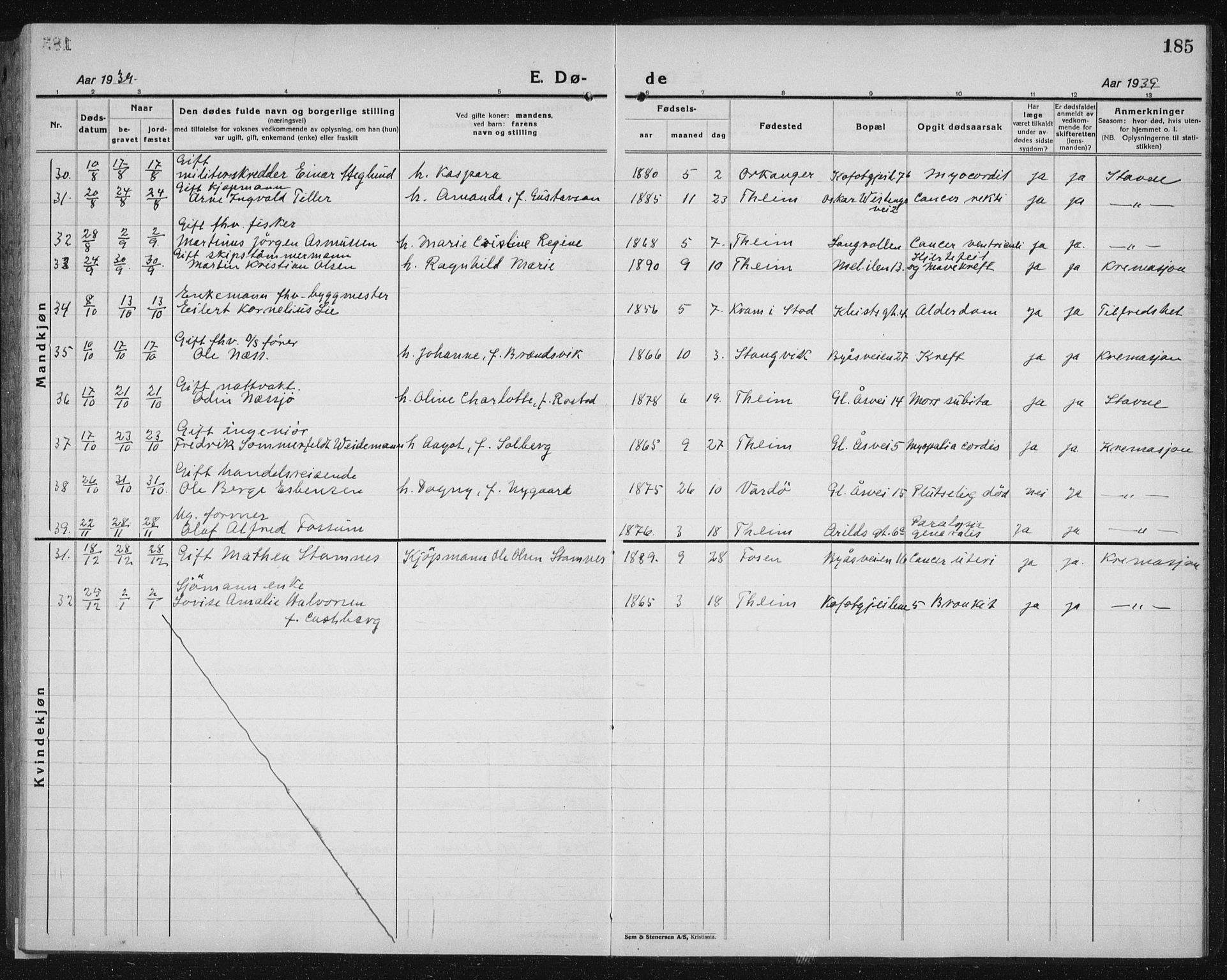 Ministerialprotokoller, klokkerbøker og fødselsregistre - Sør-Trøndelag, SAT/A-1456/603/L0176: Parish register (copy) no. 603C04, 1923-1941, p. 185