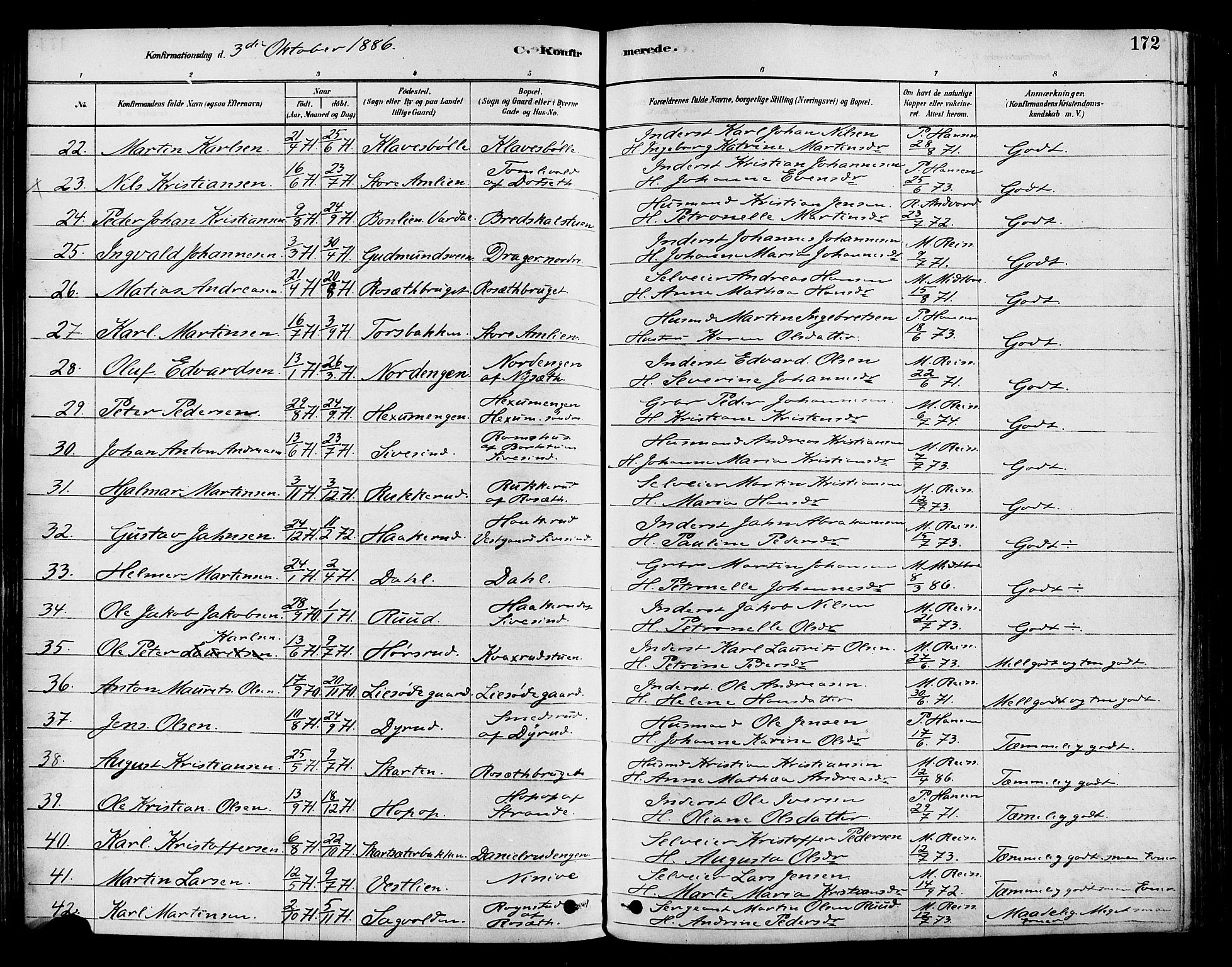 Vestre Toten prestekontor, SAH/PREST-108/H/Ha/Haa/L0009: Parish register (official) no. 9, 1878-1894, p. 172