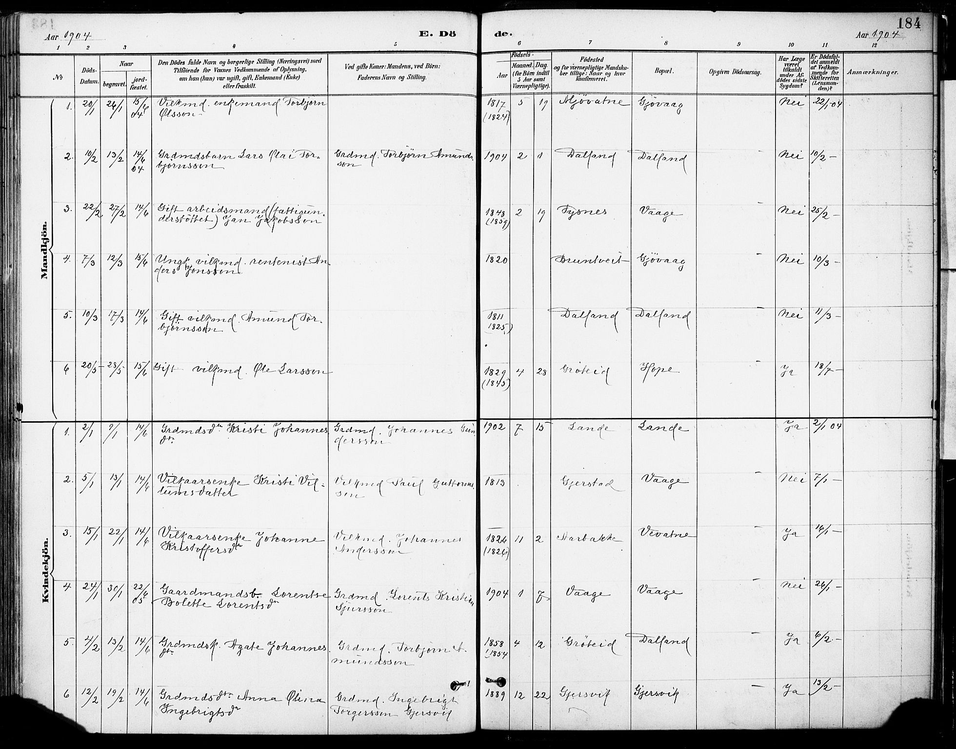 Tysnes sokneprestembete, SAB/A-78601/H/Haa: Parish register (official) no. B 1, 1887-1906, p. 184