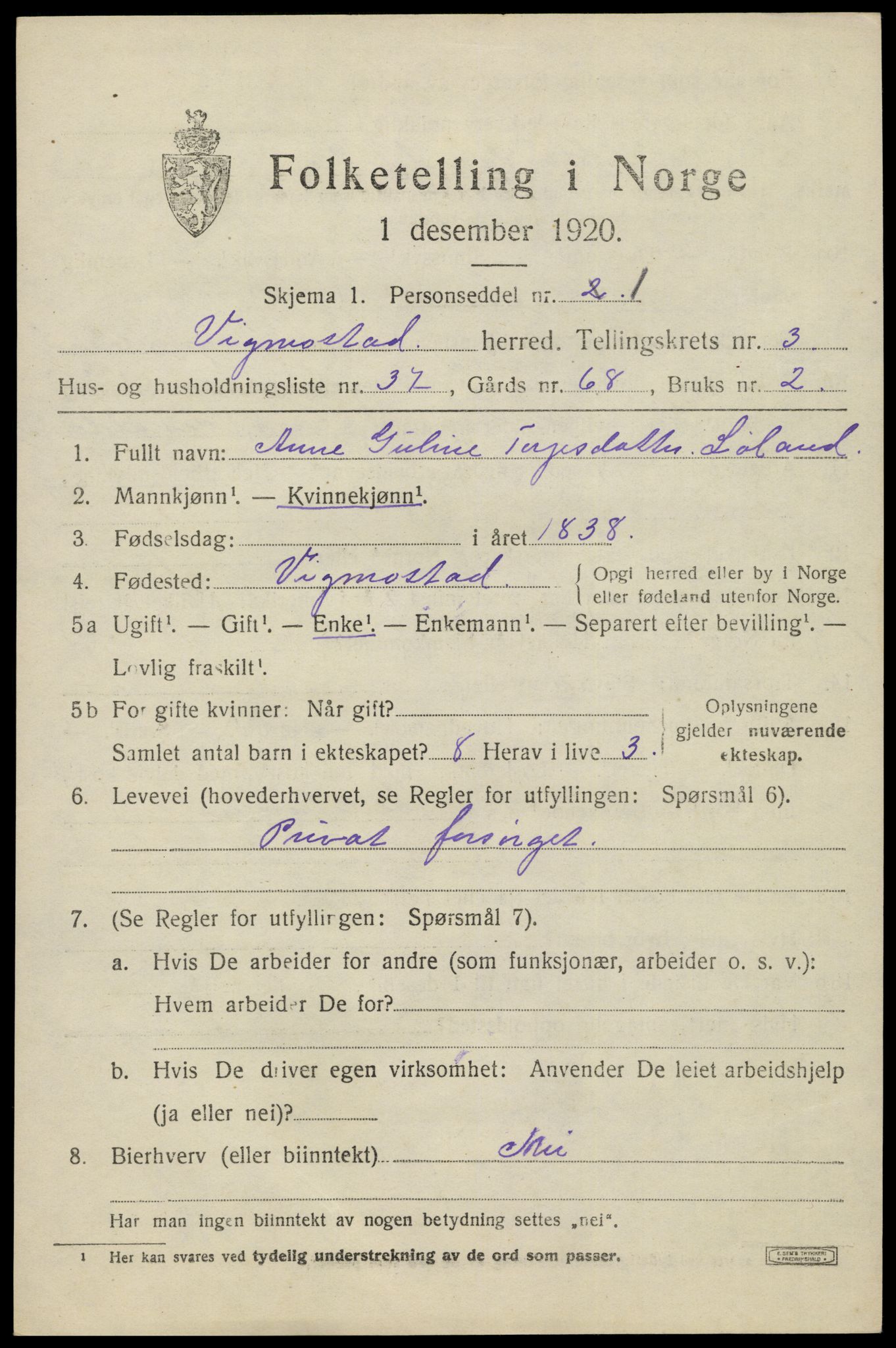 SAK, 1920 census for Vigmostad, 1920, p. 1125