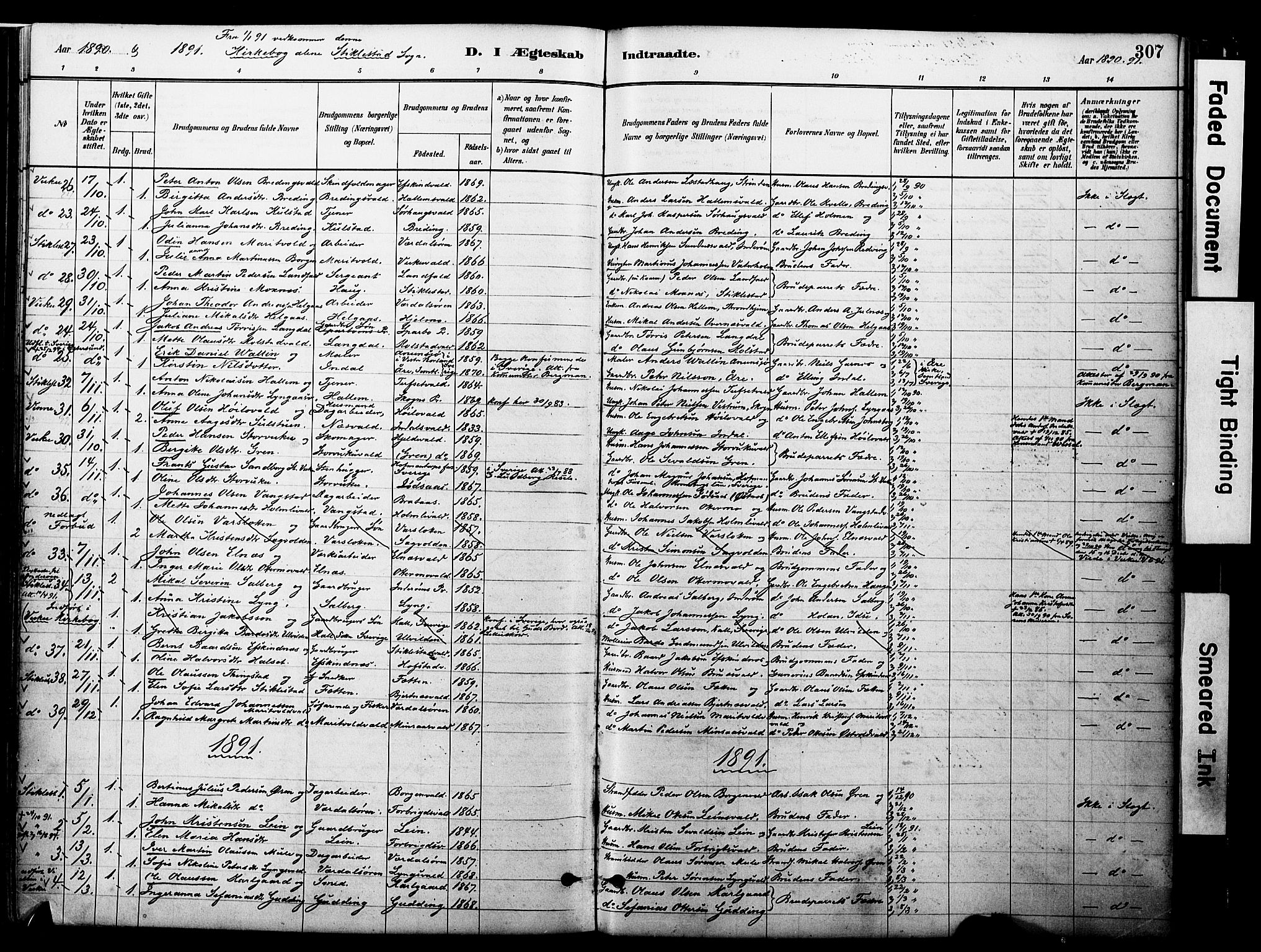Ministerialprotokoller, klokkerbøker og fødselsregistre - Nord-Trøndelag, SAT/A-1458/723/L0244: Parish register (official) no. 723A13, 1881-1899, p. 307