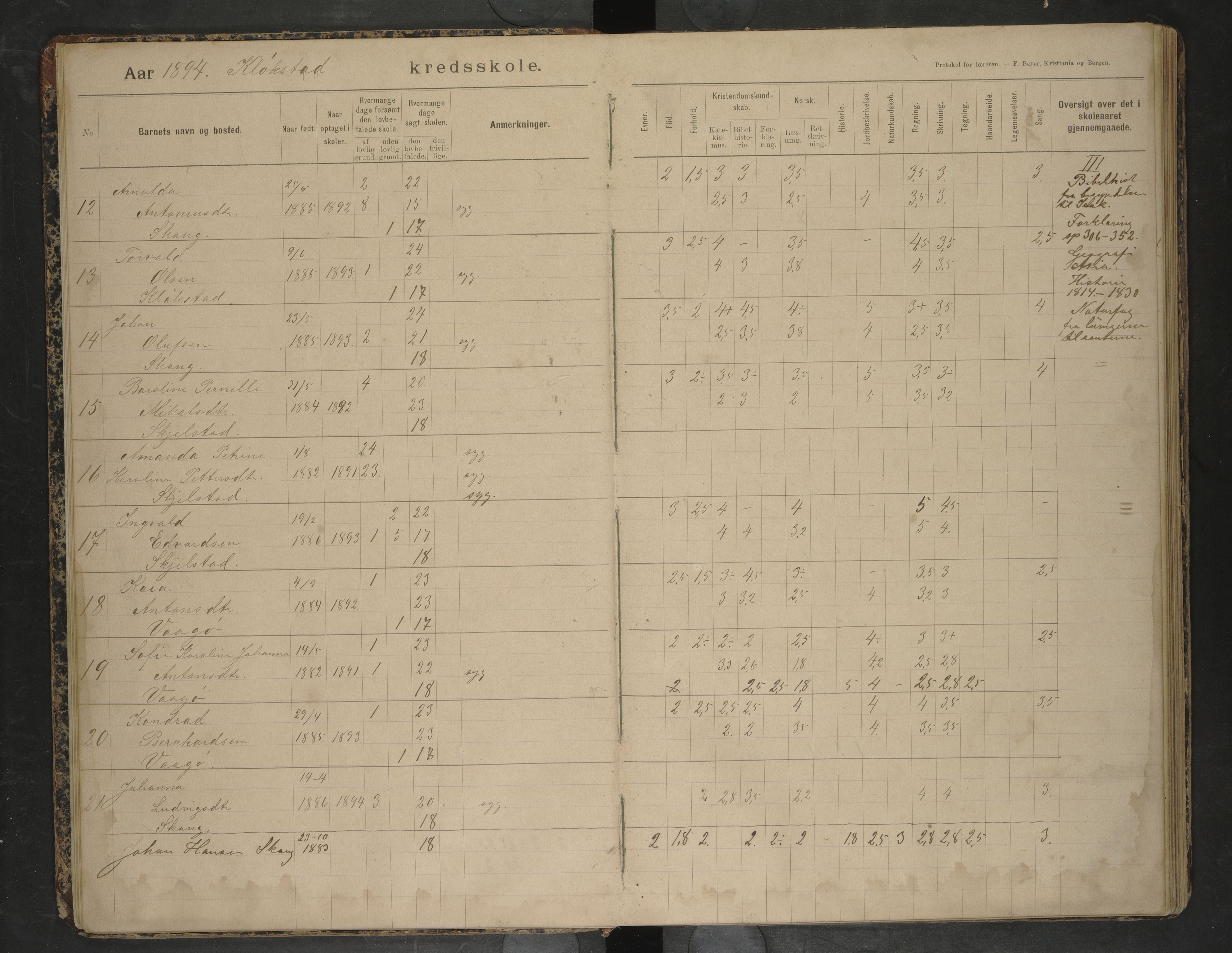 Bodin kommune. Ymse skolekretser/skoler, AIN/K-18431.510.12/F/Fa/L0029: Skoleprotokoll. Festvaag, Kløkstad, Løp, Mulstrand, Mykelbostad, Skaug , 1893-1911