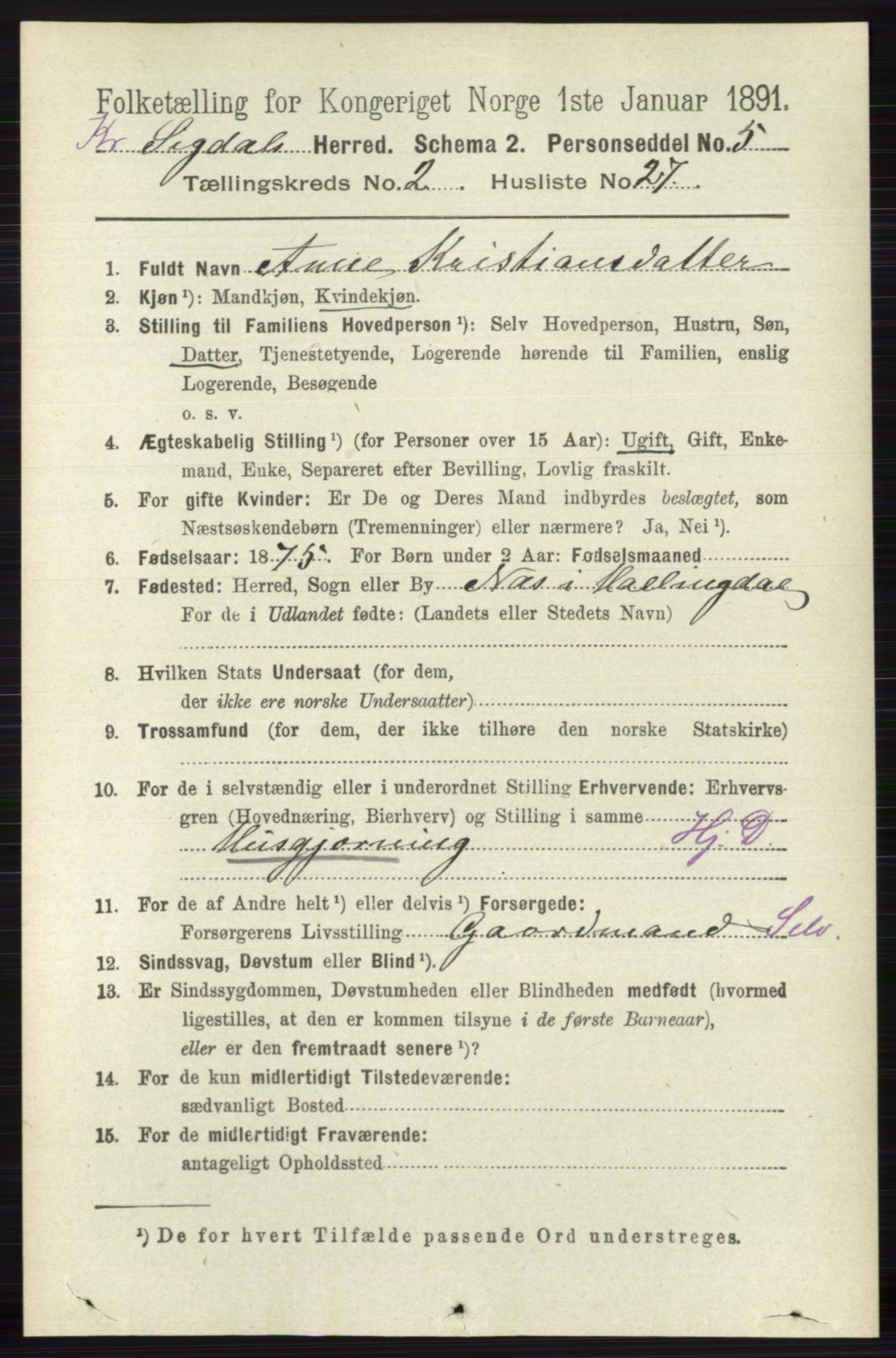 RA, 1891 census for 0621 Sigdal, 1891, p. 5501