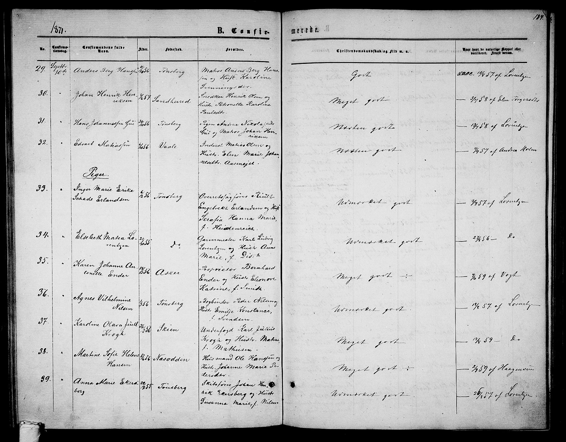 Tønsberg kirkebøker, AV/SAKO-A-330/G/Ga/L0004: Parish register (copy) no. 4, 1865-1874, p. 184