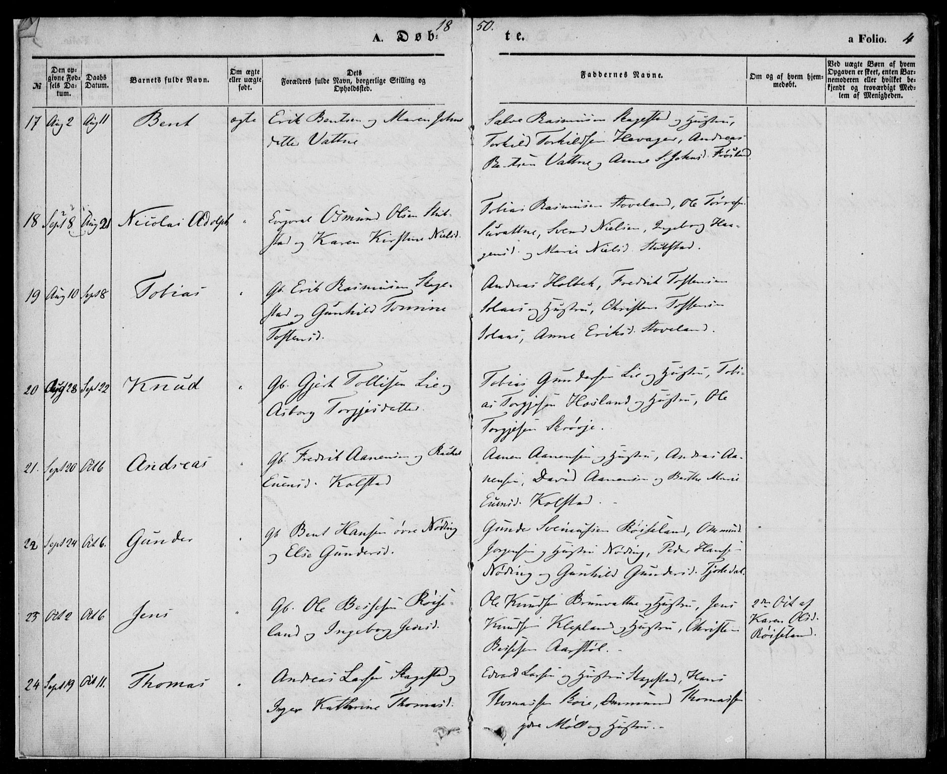 Holum sokneprestkontor, SAK/1111-0022/F/Fa/Faa/L0005: Parish register (official) no. A 5, 1850-1864, p. 4