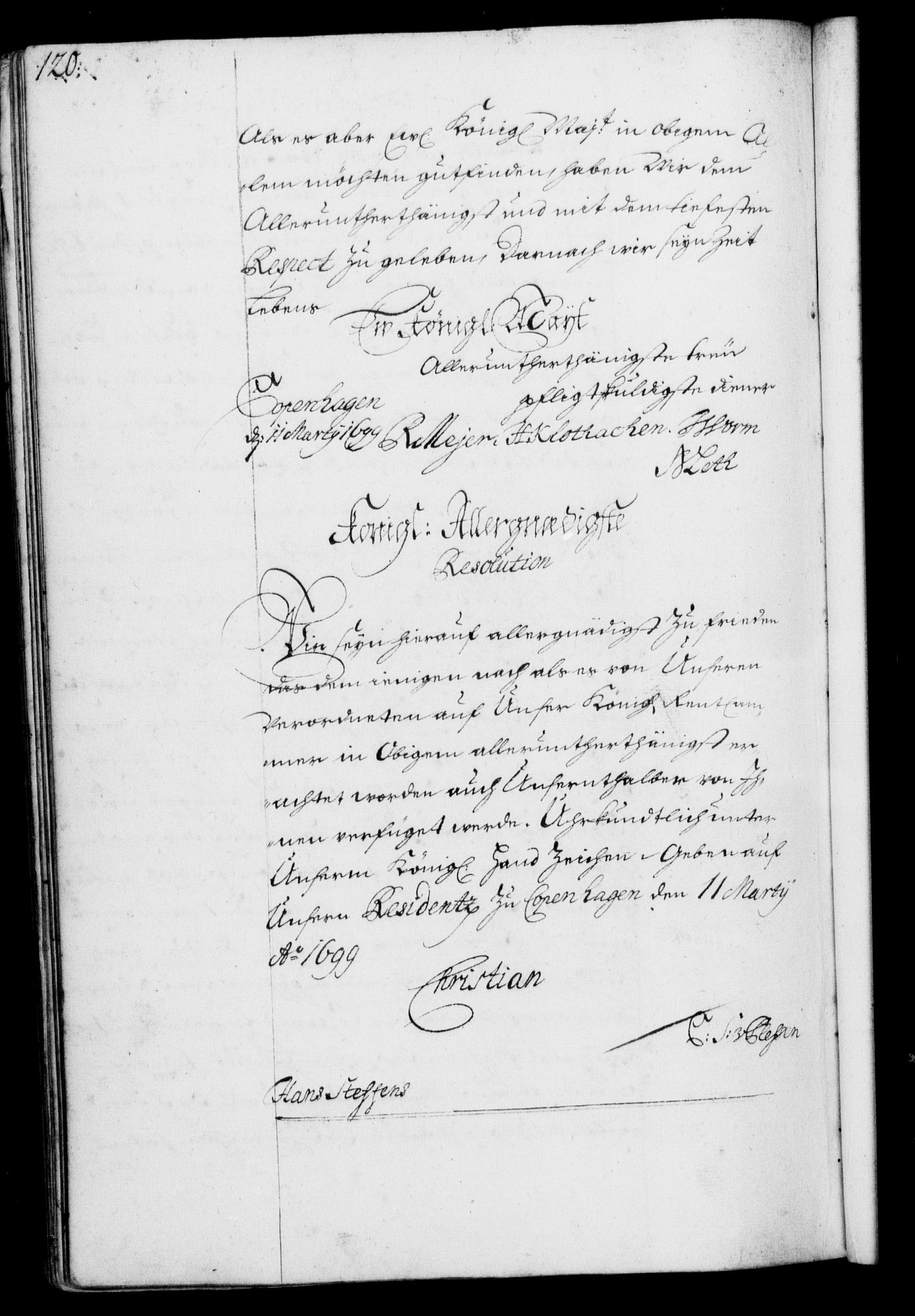 Rentekammeret, Kammerkanselliet, RA/EA-3111/G/Gf/Gfa/L0001: Resolusjonsprotokoll med register (merket RK 52.1), 1695-1706, p. 120