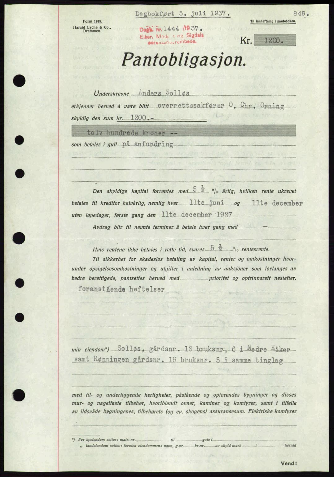 Eiker, Modum og Sigdal sorenskriveri, SAKO/A-123/G/Ga/Gab/L0035: Mortgage book no. A5, 1937-1937, Diary no: : 1444/1937
