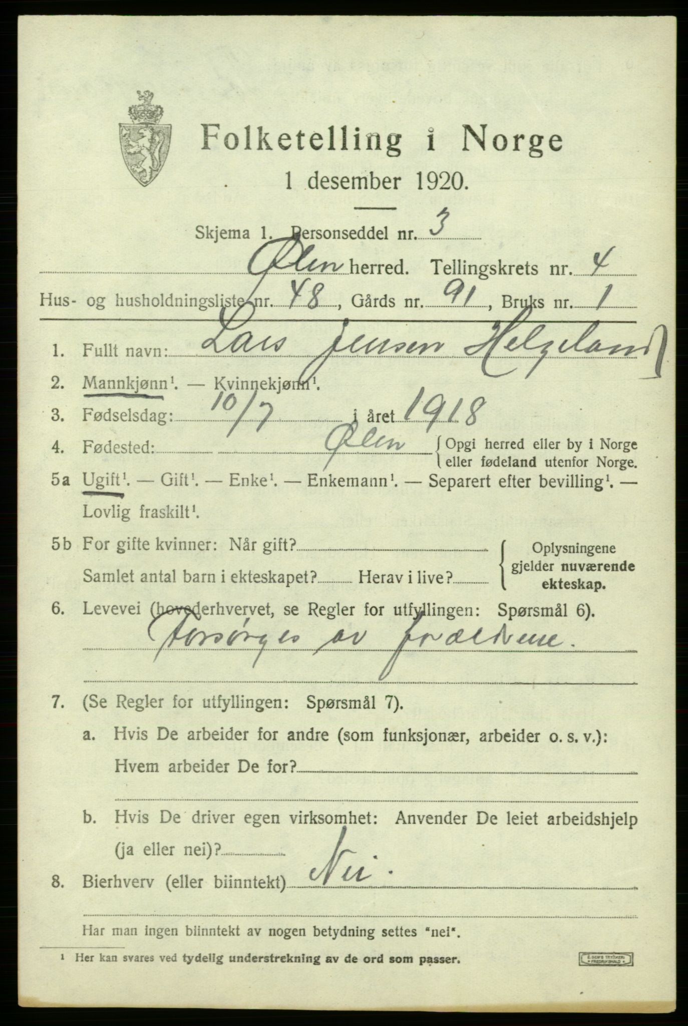 SAB, 1920 census for Ølen, 1920, p. 2307