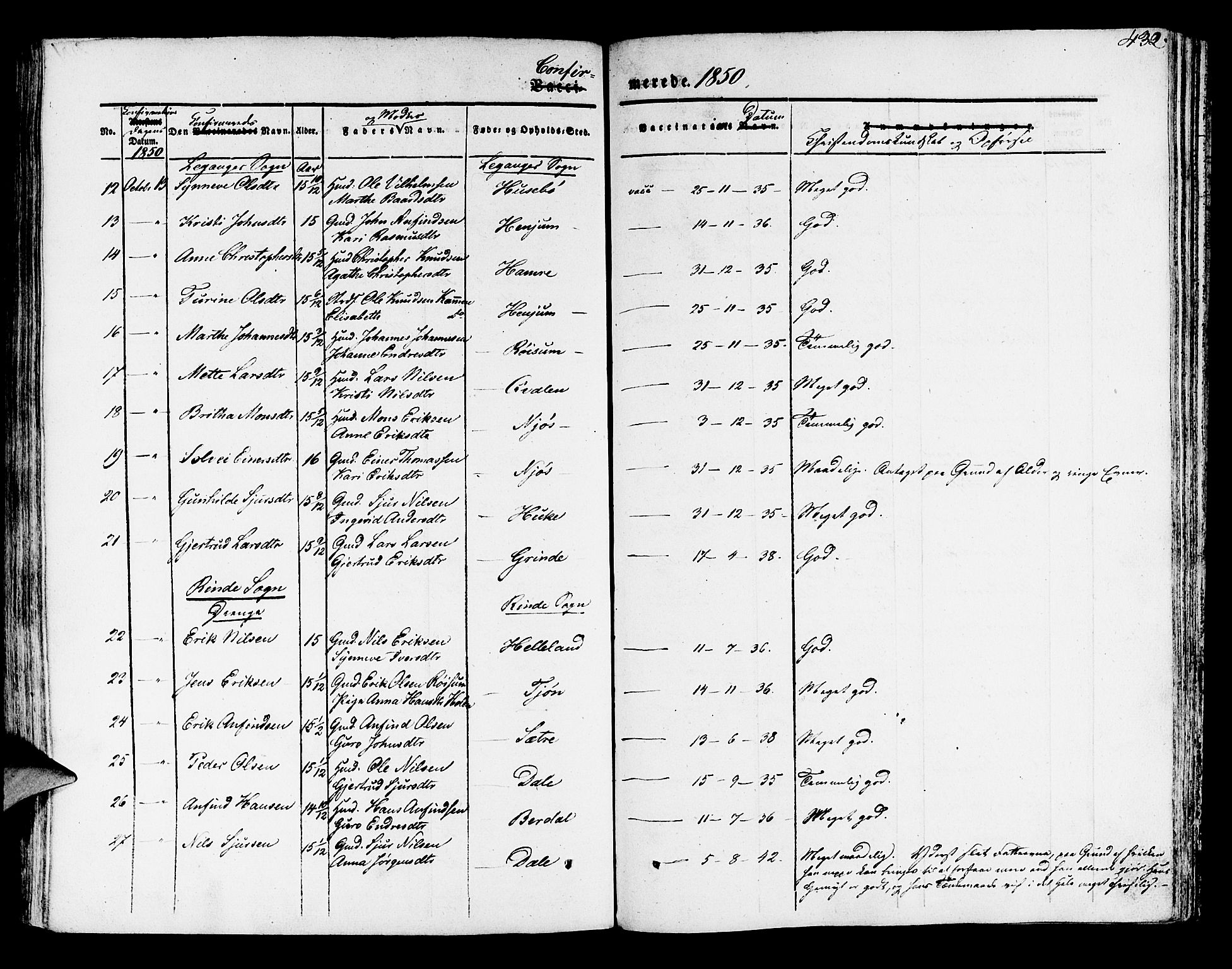 Leikanger sokneprestembete, AV/SAB-A-81001/H/Haa/Haaa/L0007: Parish register (official) no. A 7, 1838-1851, p. 432