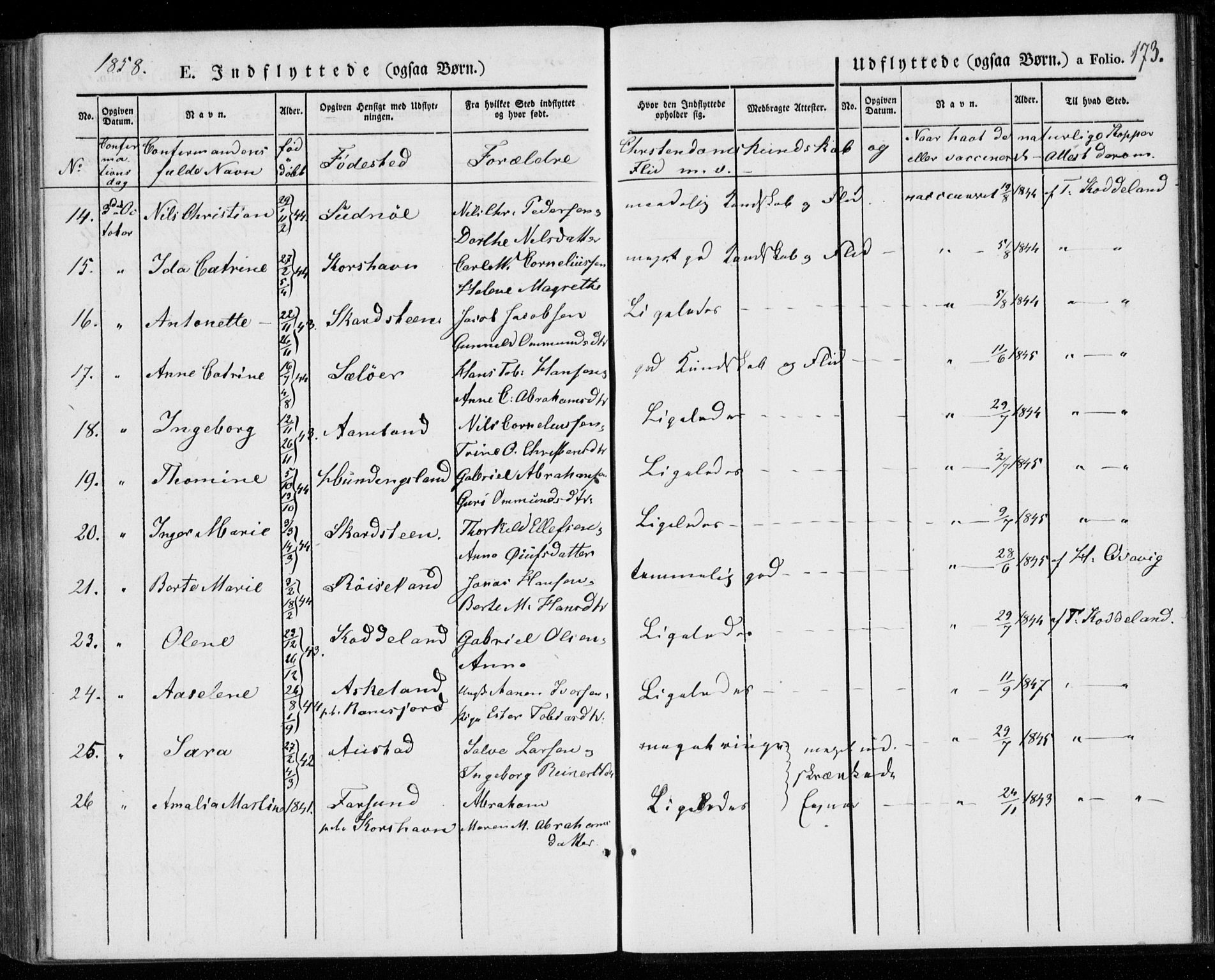 Lyngdal sokneprestkontor, AV/SAK-1111-0029/F/Fa/Faa/L0001: Parish register (official) no. A 1, 1837-1857, p. 173