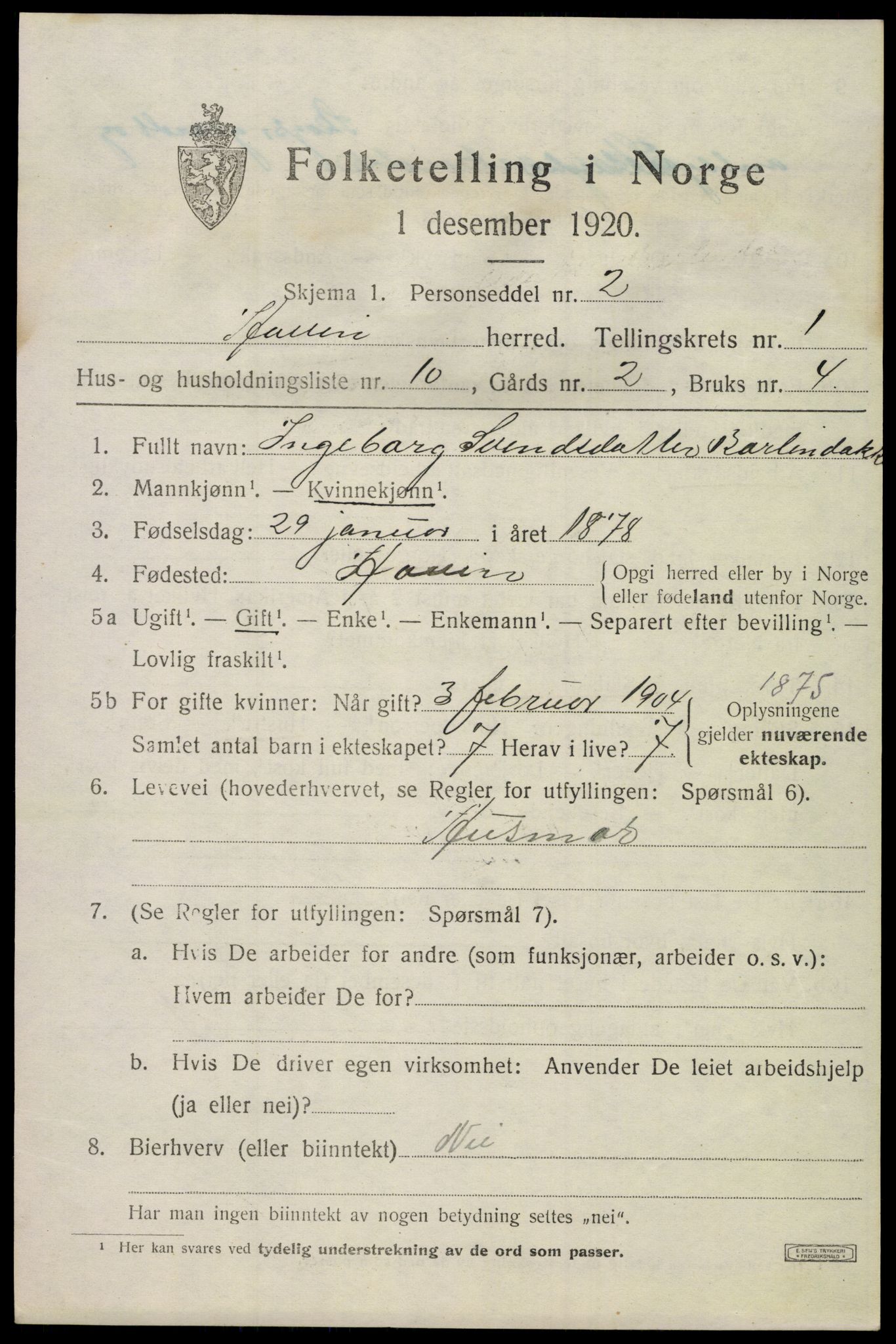 SAKO, 1920 census for Hovin, 1920, p. 467