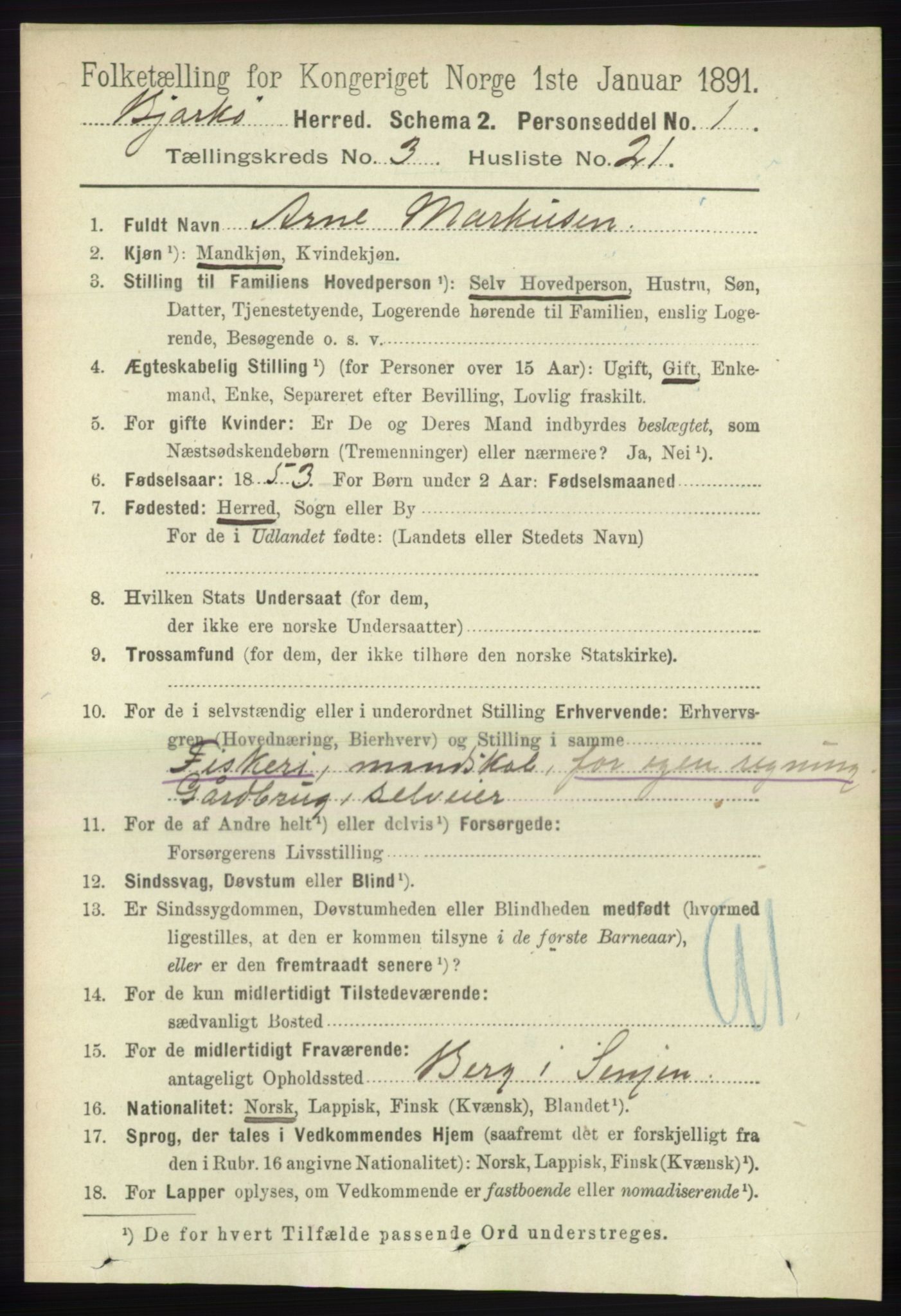 RA, 1891 census for 1915 Bjarkøy, 1891, p. 1673