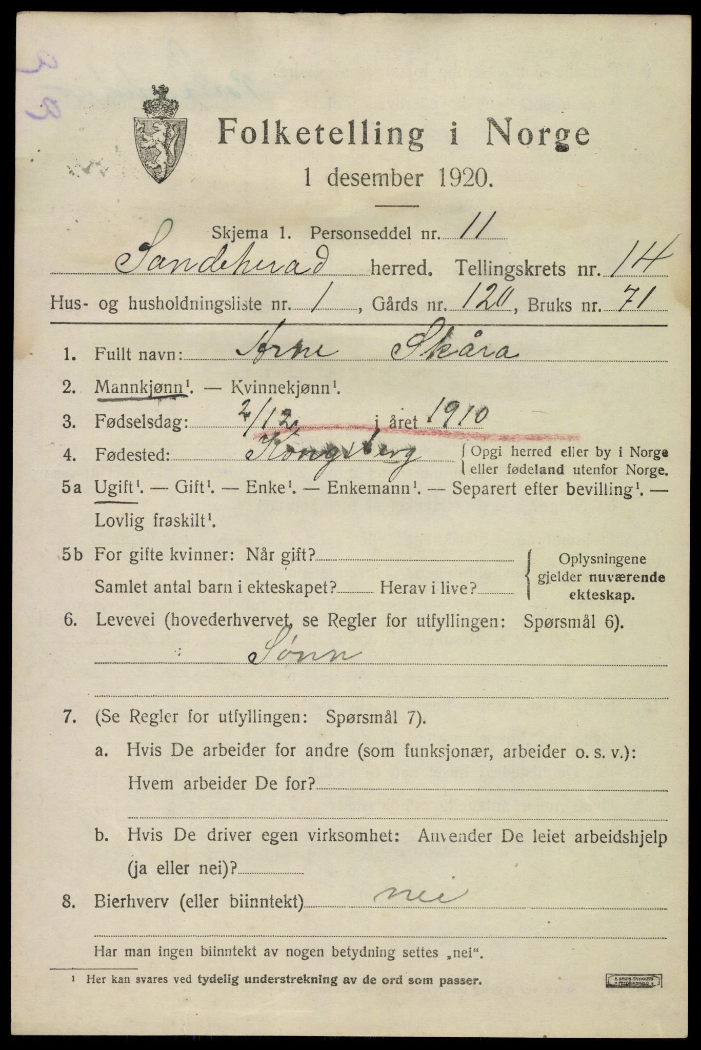 SAKO, 1920 census for Sandeherred, 1920, p. 20196
