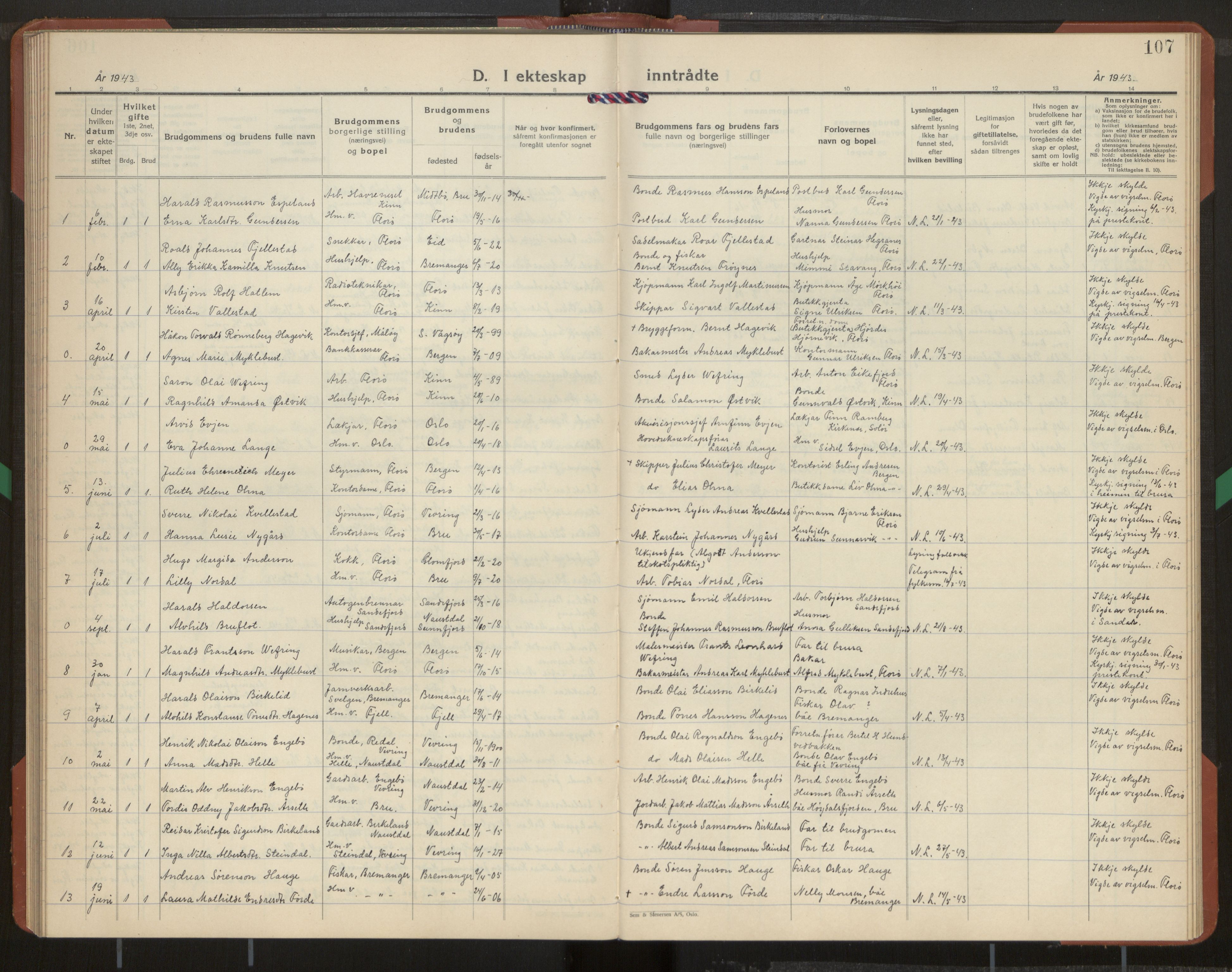 Kinn sokneprestembete, AV/SAB-A-80801/H/Hab/Habb/L0001: Parish register (copy) no. B 1, 1939-1959, p. 107