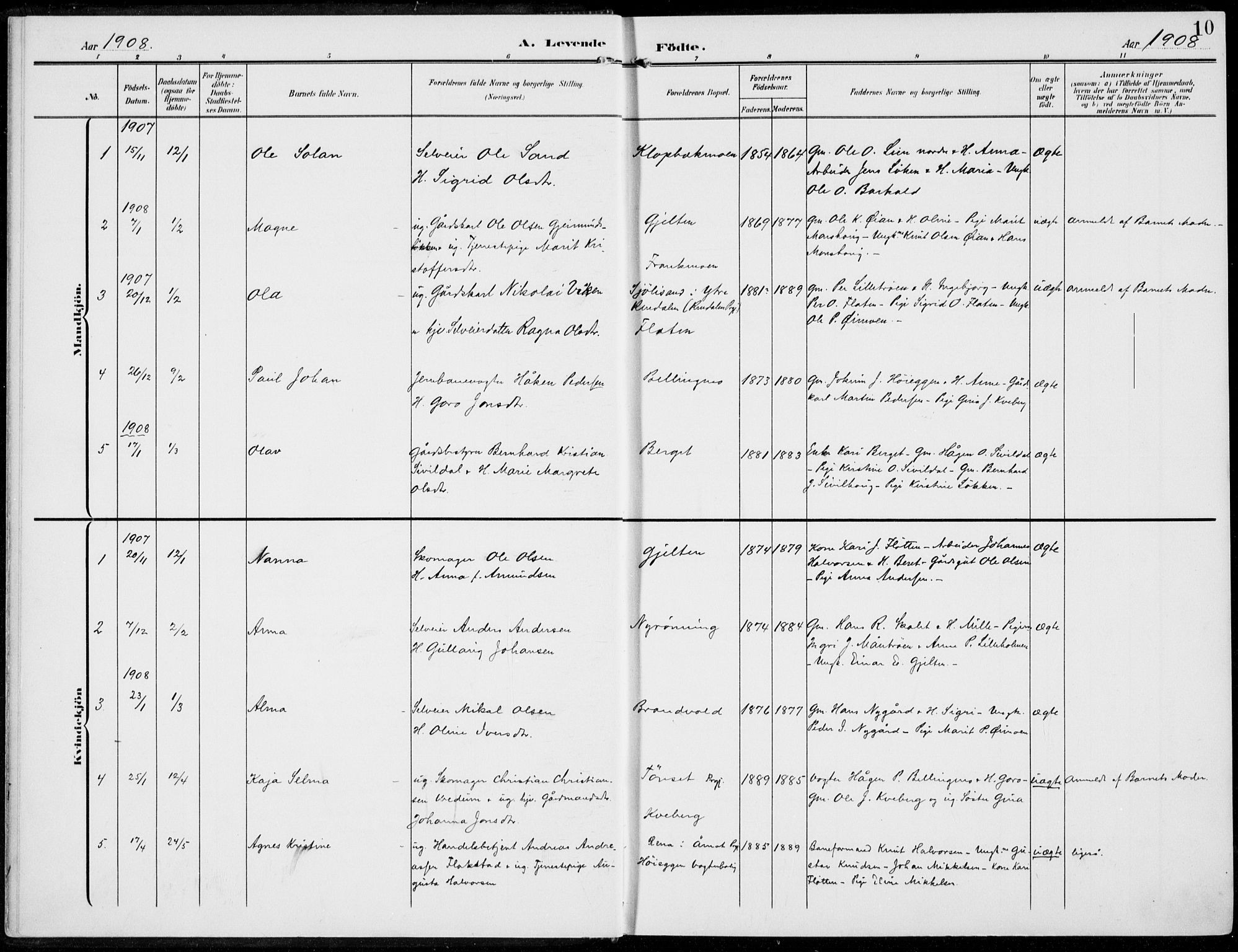 Alvdal prestekontor, AV/SAH-PREST-060/H/Ha/Haa/L0004: Parish register (official) no. 4, 1907-1919, p. 10