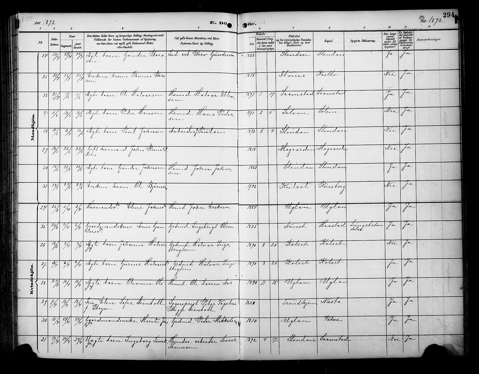 Ministerialprotokoller, klokkerbøker og fødselsregistre - Sør-Trøndelag, SAT/A-1456/695/L1149: Parish register (official) no. 695A09, 1891-1902, p. 294