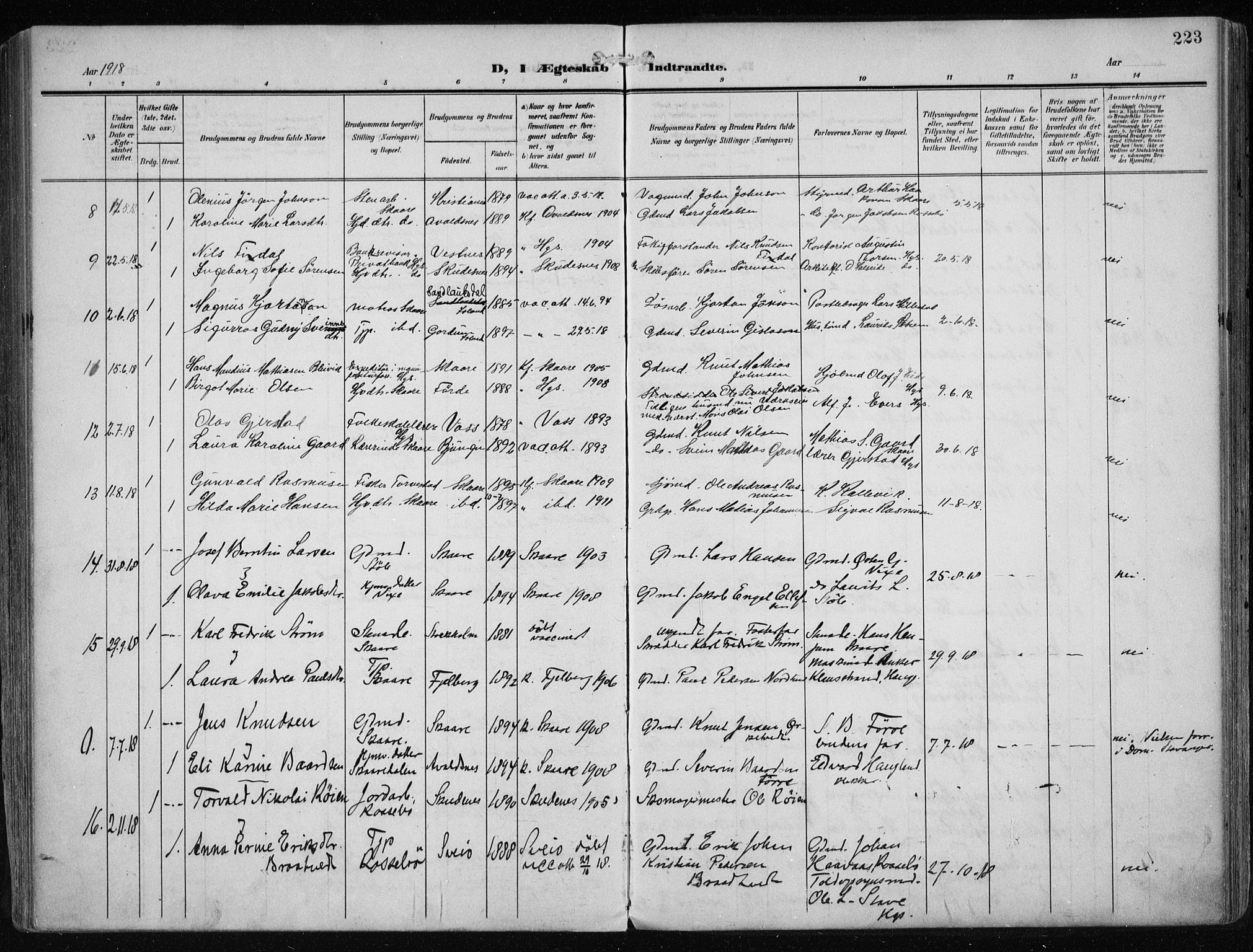 Haugesund sokneprestkontor, SAST/A -101863/H/Ha/Haa/L0010: Parish register (official) no. A 10, 1909-1935, p. 223