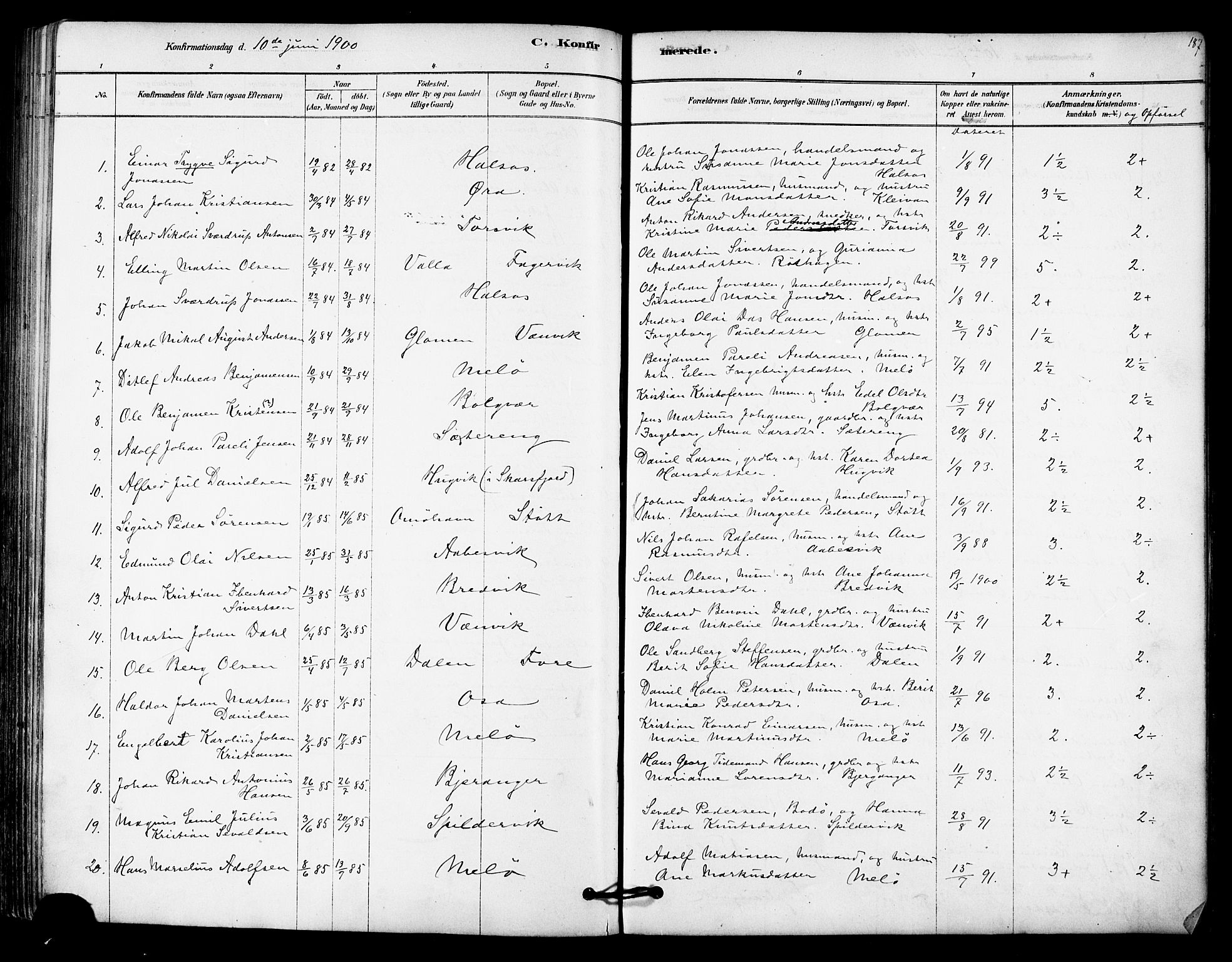 Ministerialprotokoller, klokkerbøker og fødselsregistre - Nordland, SAT/A-1459/843/L0626: Parish register (official) no. 843A01, 1878-1907, p. 187