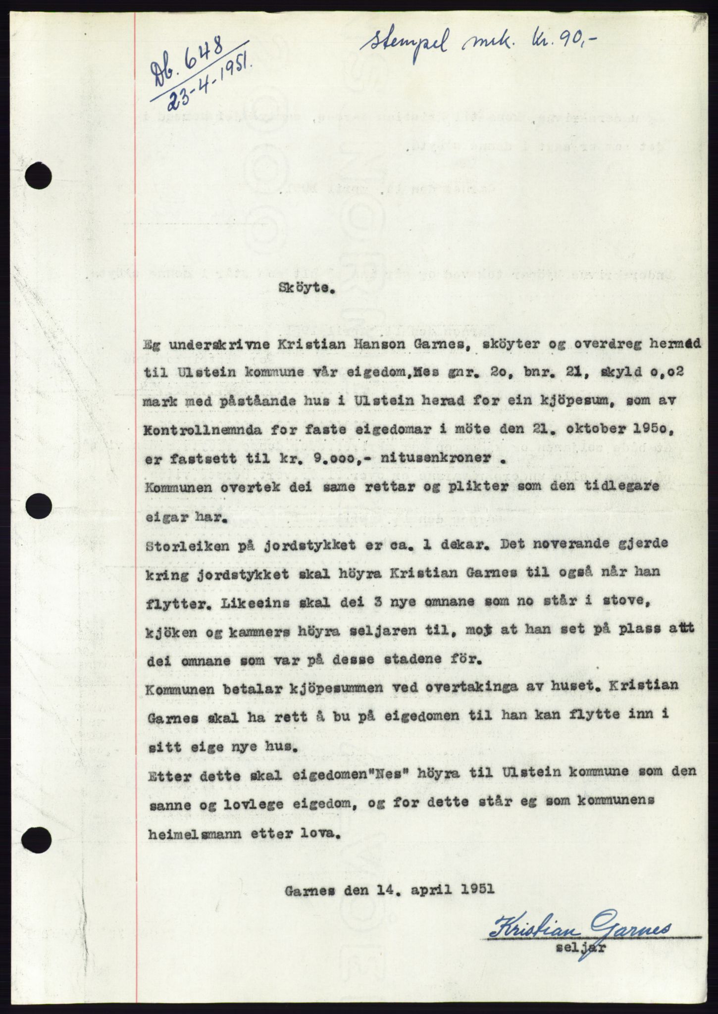 Søre Sunnmøre sorenskriveri, AV/SAT-A-4122/1/2/2C/L0089: Mortgage book no. 15A, 1951-1951, Diary no: : 648/1951