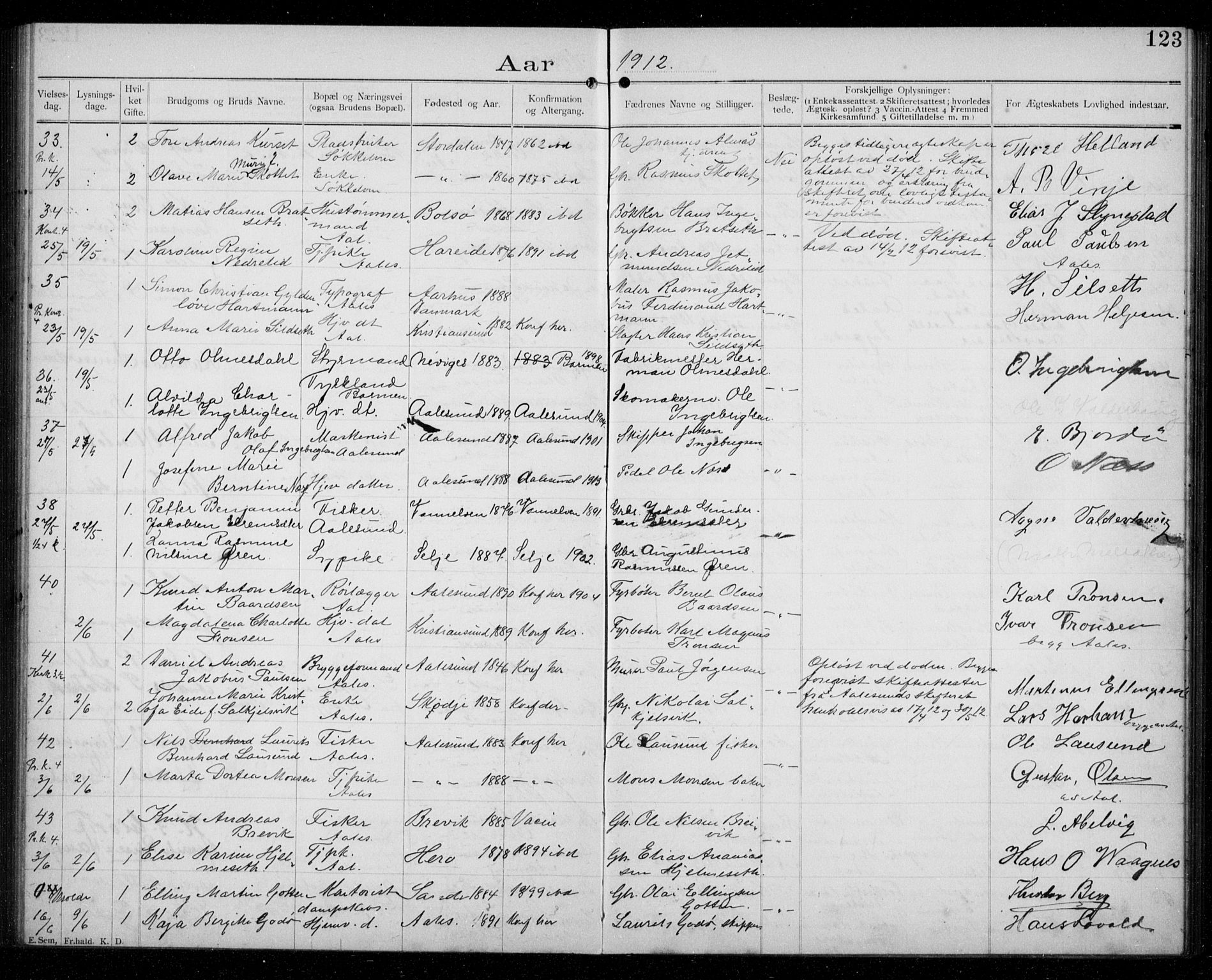 Ministerialprotokoller, klokkerbøker og fødselsregistre - Møre og Romsdal, AV/SAT-A-1454/529/L0458: Banns register no. 529A08, 1901-1918, p. 123