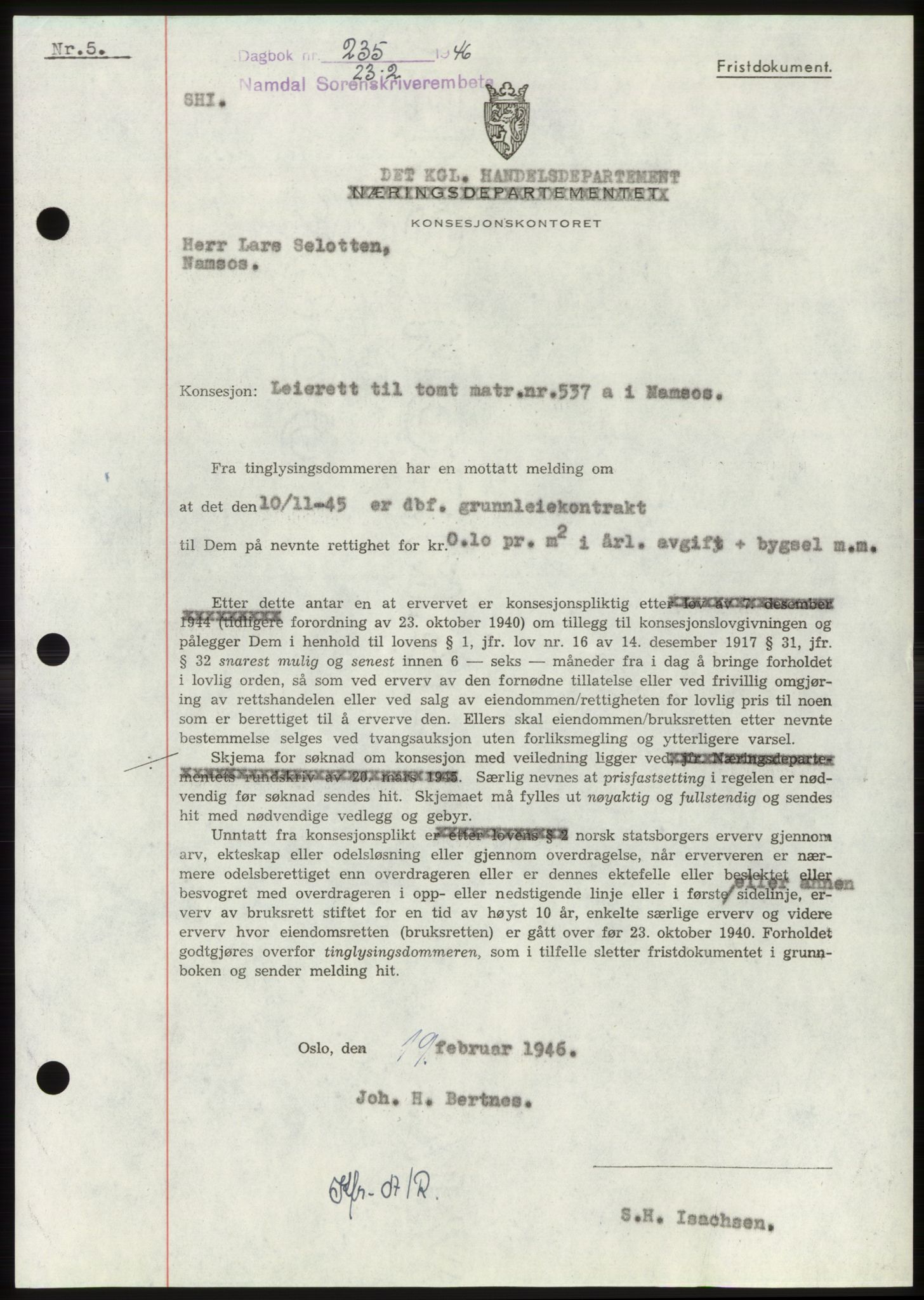Namdal sorenskriveri, AV/SAT-A-4133/1/2/2C: Mortgage book no. -, 1946-1946, Diary no: : 235/1946