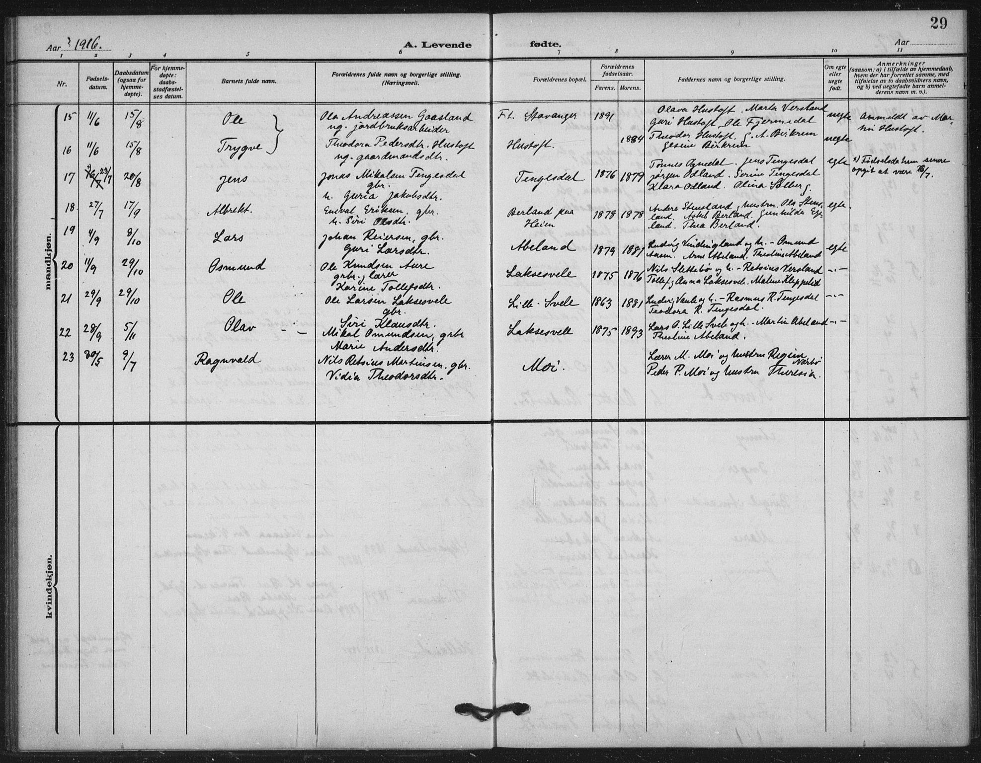 Helleland sokneprestkontor, AV/SAST-A-101810: Parish register (official) no. A 11, 1909-1922, p. 29