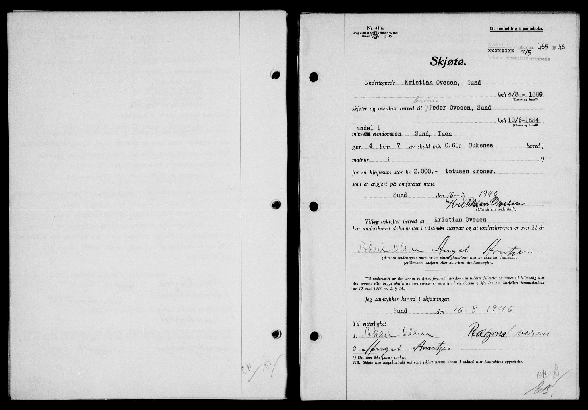 Lofoten sorenskriveri, SAT/A-0017/1/2/2C/L0014a: Mortgage book no. 14a, 1946-1946, Diary no: : 465/1946