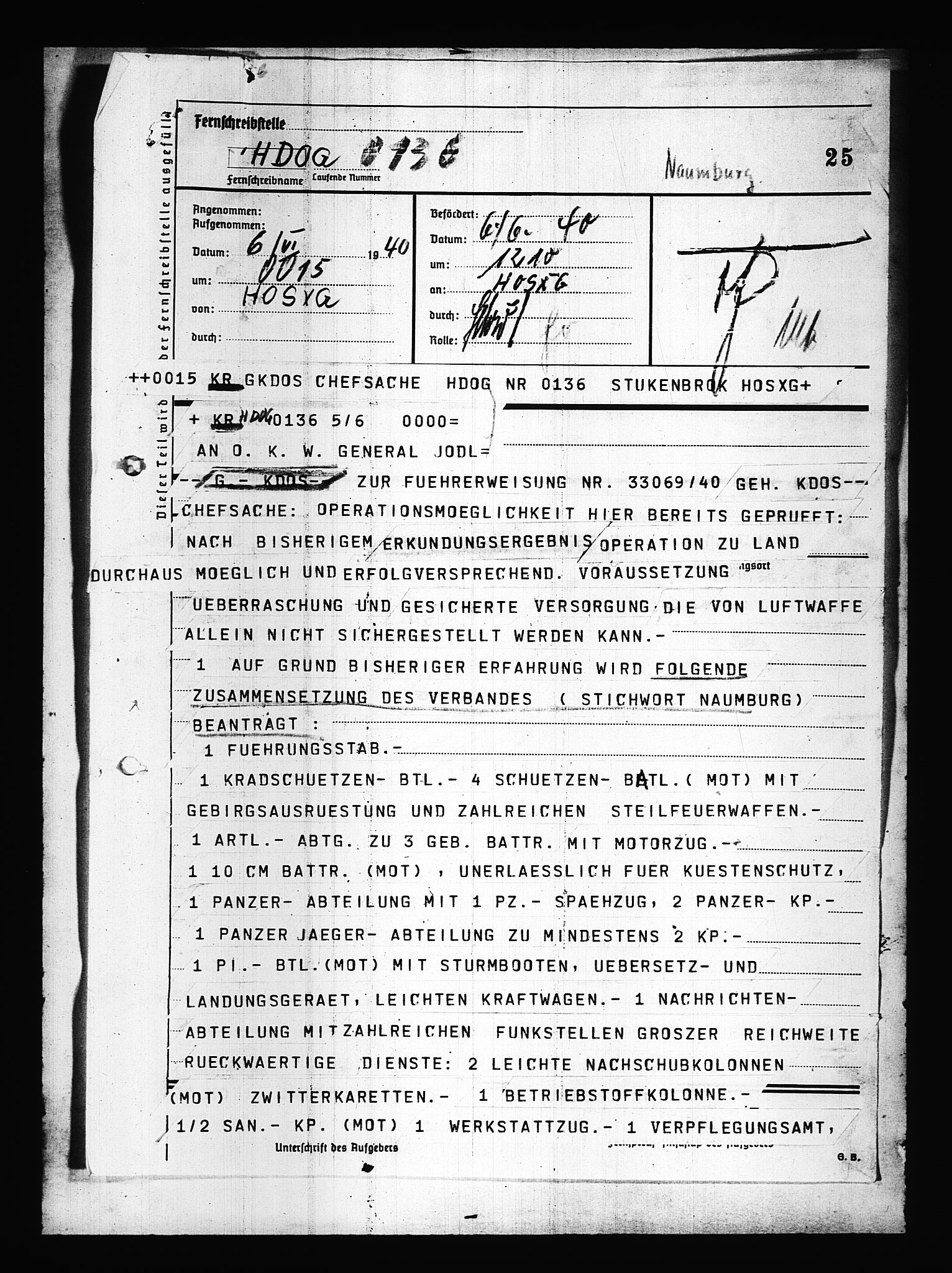 Documents Section, AV/RA-RAFA-2200/V/L0084: Amerikansk mikrofilm "Captured German Documents".
Box No. 723.  FKA jnr. 615/1954., 1940, p. 89