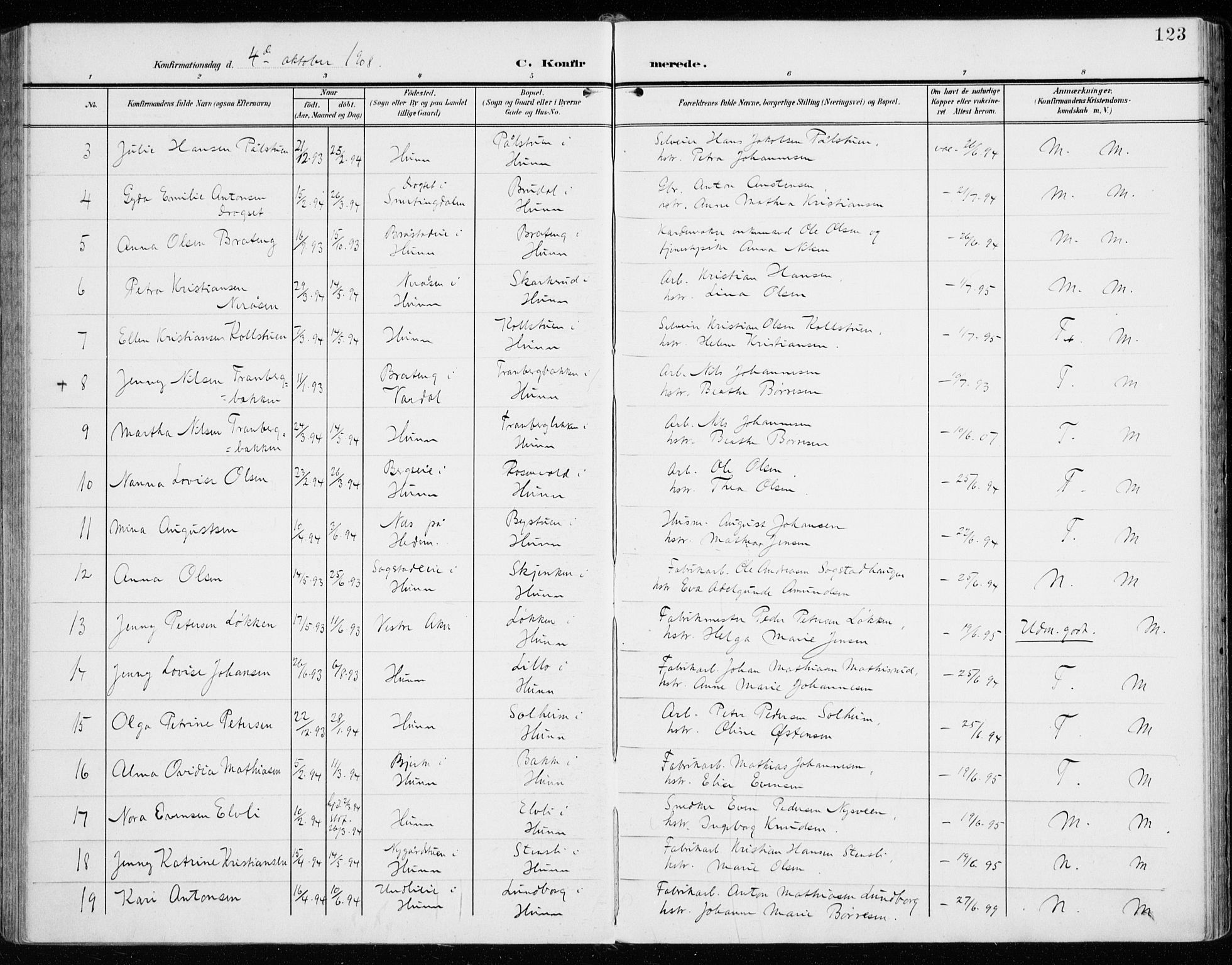 Vardal prestekontor, SAH/PREST-100/H/Ha/Haa/L0016: Parish register (official) no. 16, 1904-1916, p. 123