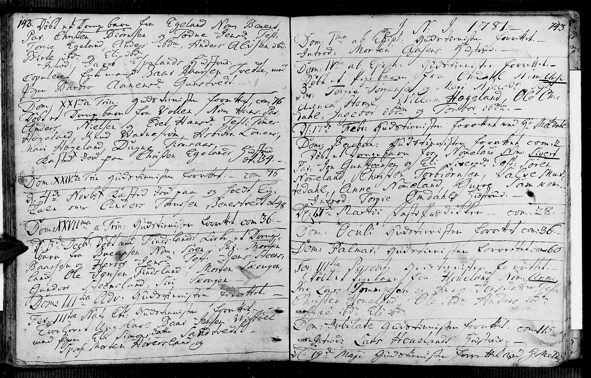 Vennesla sokneprestkontor, AV/SAK-1111-0045/Fa/Faa/L0001: Parish register (official) no. A 1, 1753-1785, p. 142-143