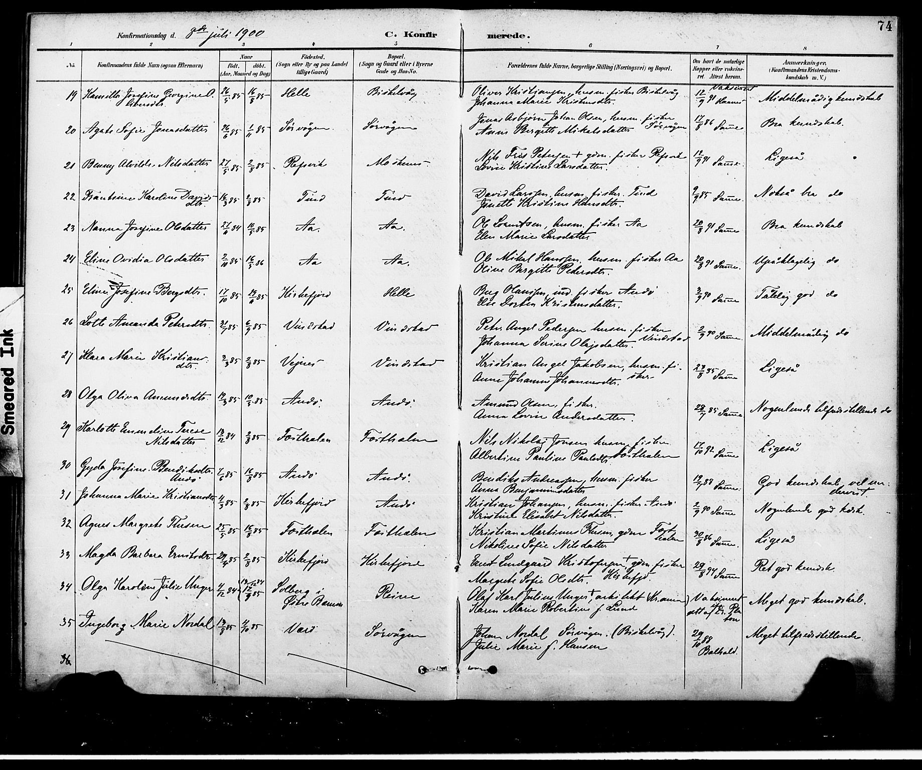 Ministerialprotokoller, klokkerbøker og fødselsregistre - Nordland, AV/SAT-A-1459/886/L1220: Parish register (official) no. 886A02, 1892-1903, p. 74