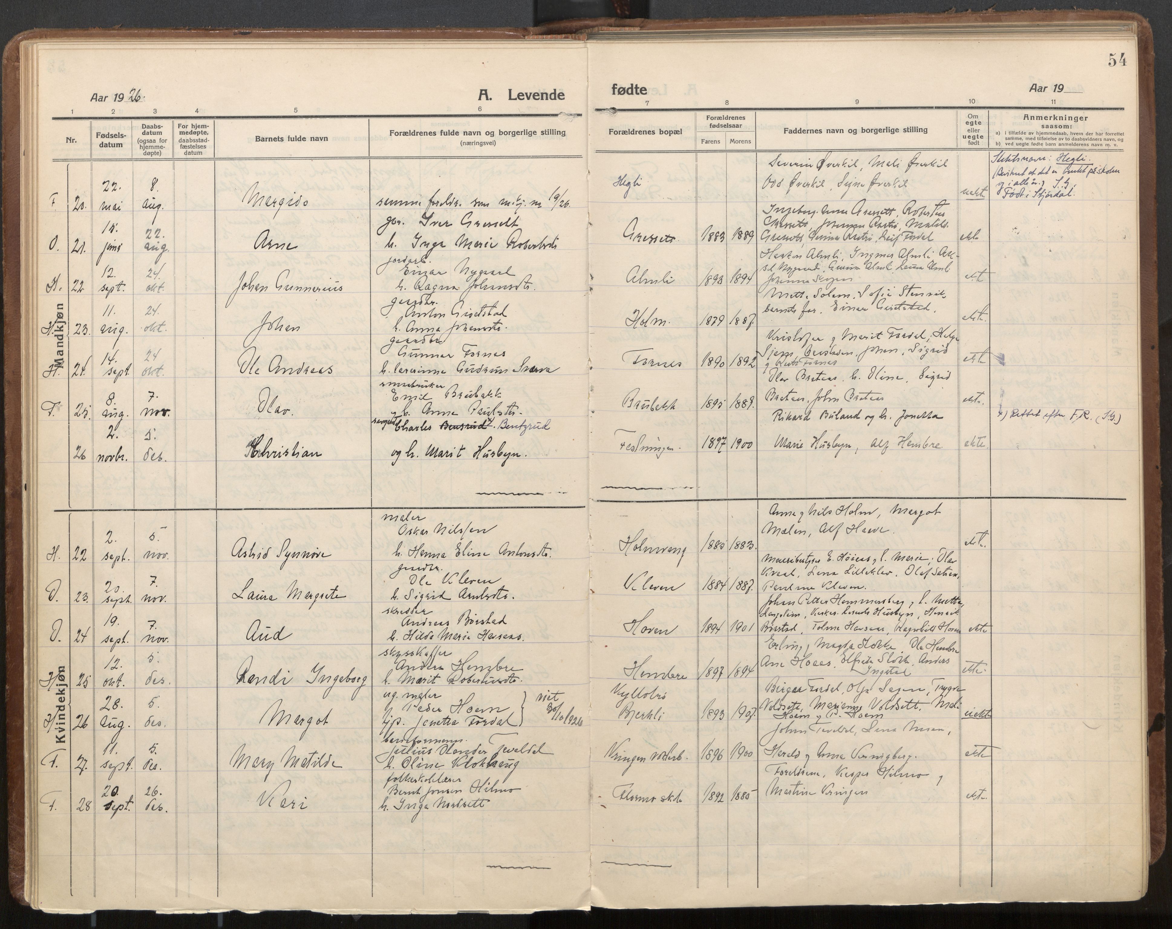 Ministerialprotokoller, klokkerbøker og fødselsregistre - Nord-Trøndelag, SAT/A-1458/703/L0037: Parish register (official) no. 703A10, 1915-1932, p. 54