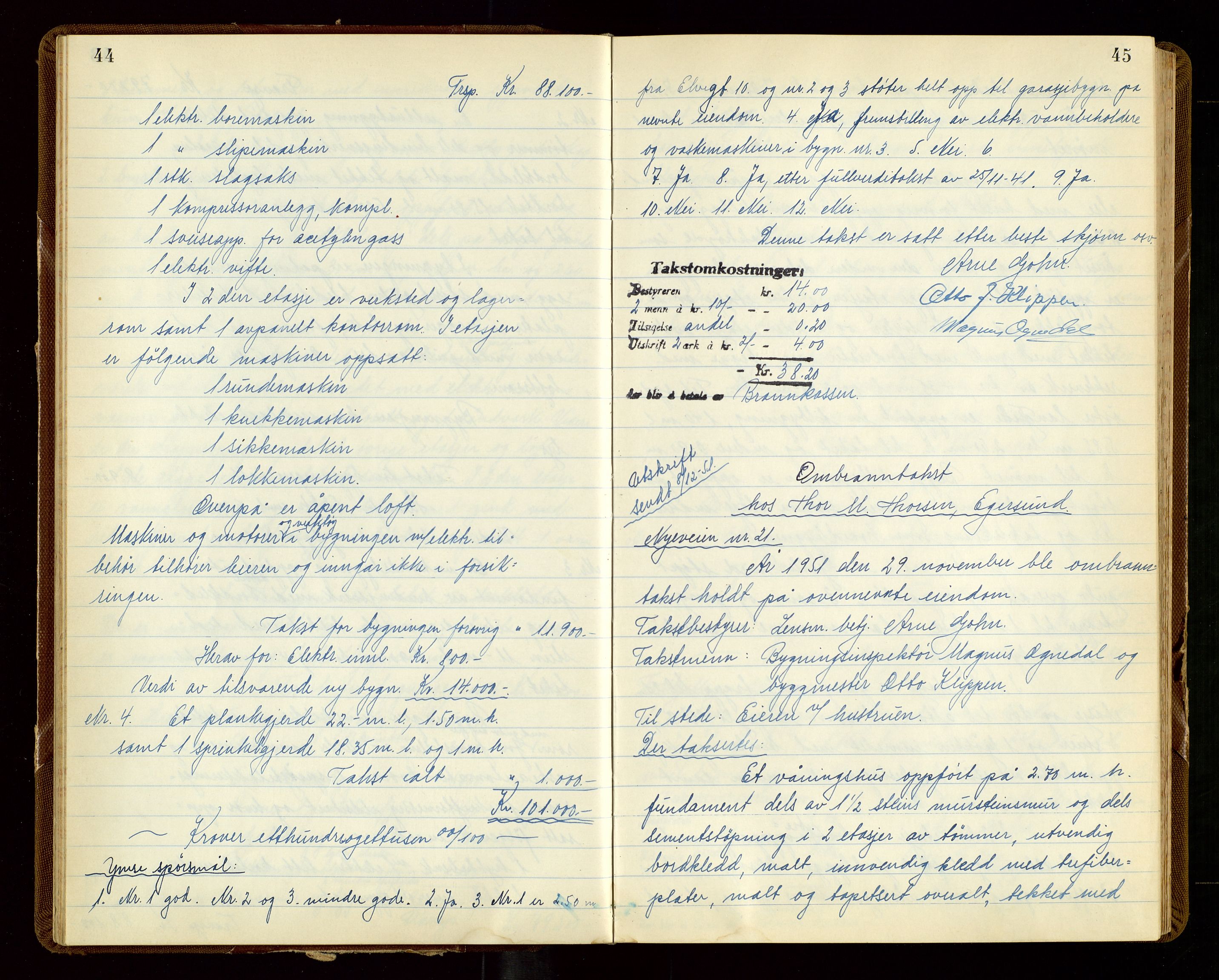 Eigersund lensmannskontor, AV/SAST-A-100171/God/L0014: "Branntakstprotokoll", 1951-1955, p. 44-45