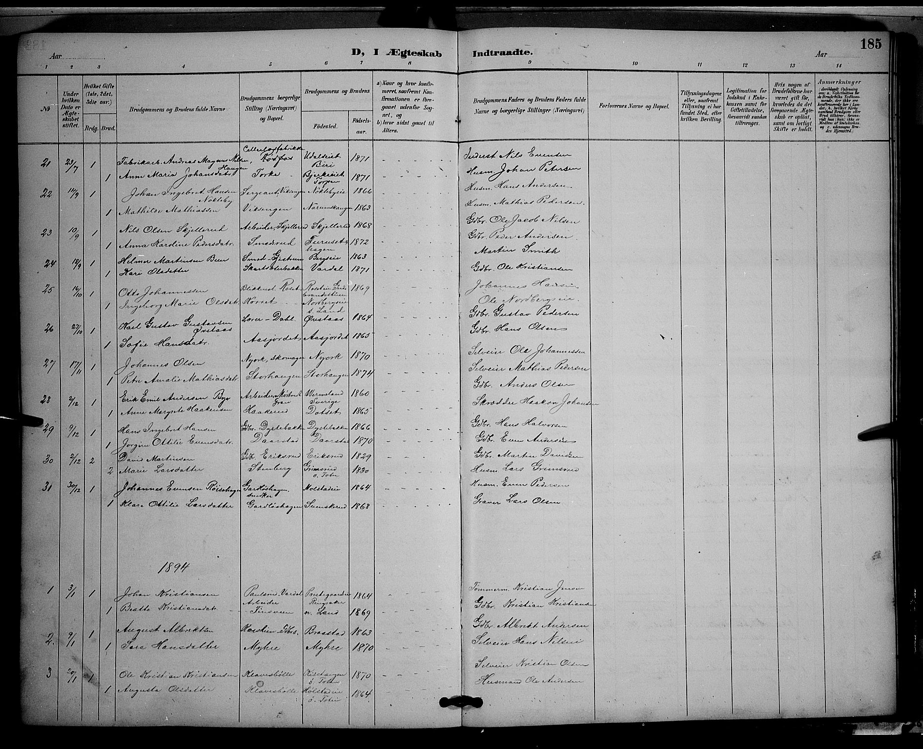 Vestre Toten prestekontor, SAH/PREST-108/H/Ha/Hab/L0009: Parish register (copy) no. 9, 1888-1900, p. 185