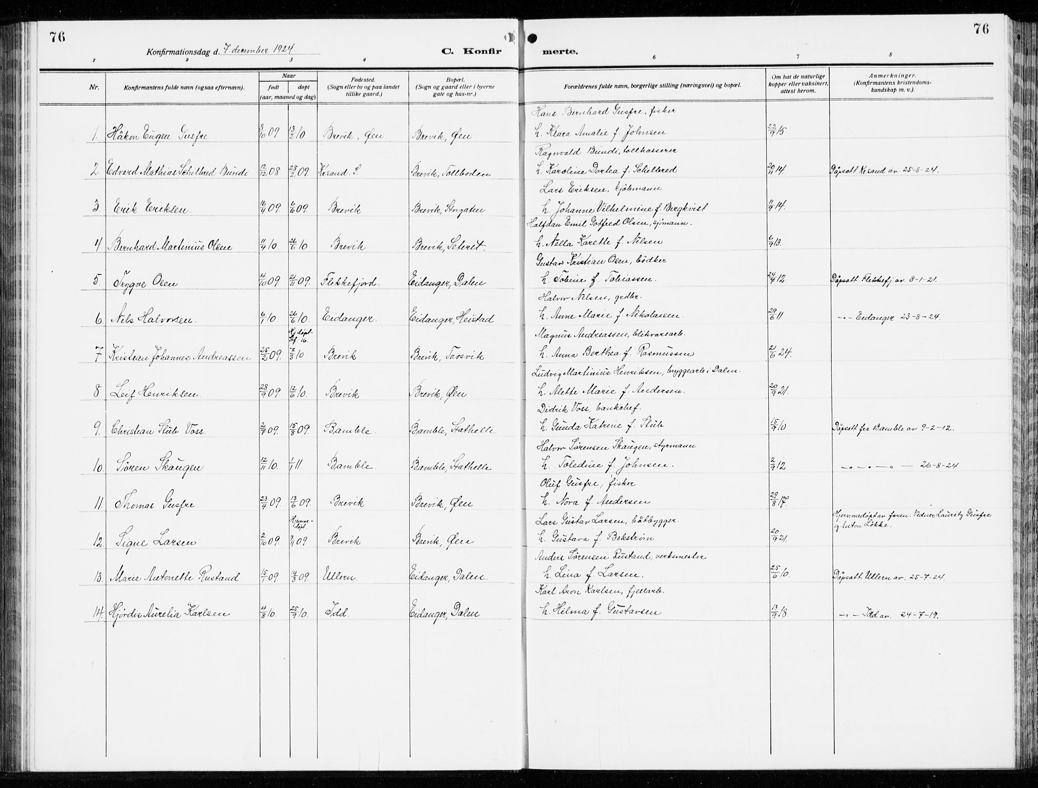 Brevik kirkebøker, AV/SAKO-A-255/G/Ga/L0006: Parish register (copy) no. 6, 1922-1940, p. 76