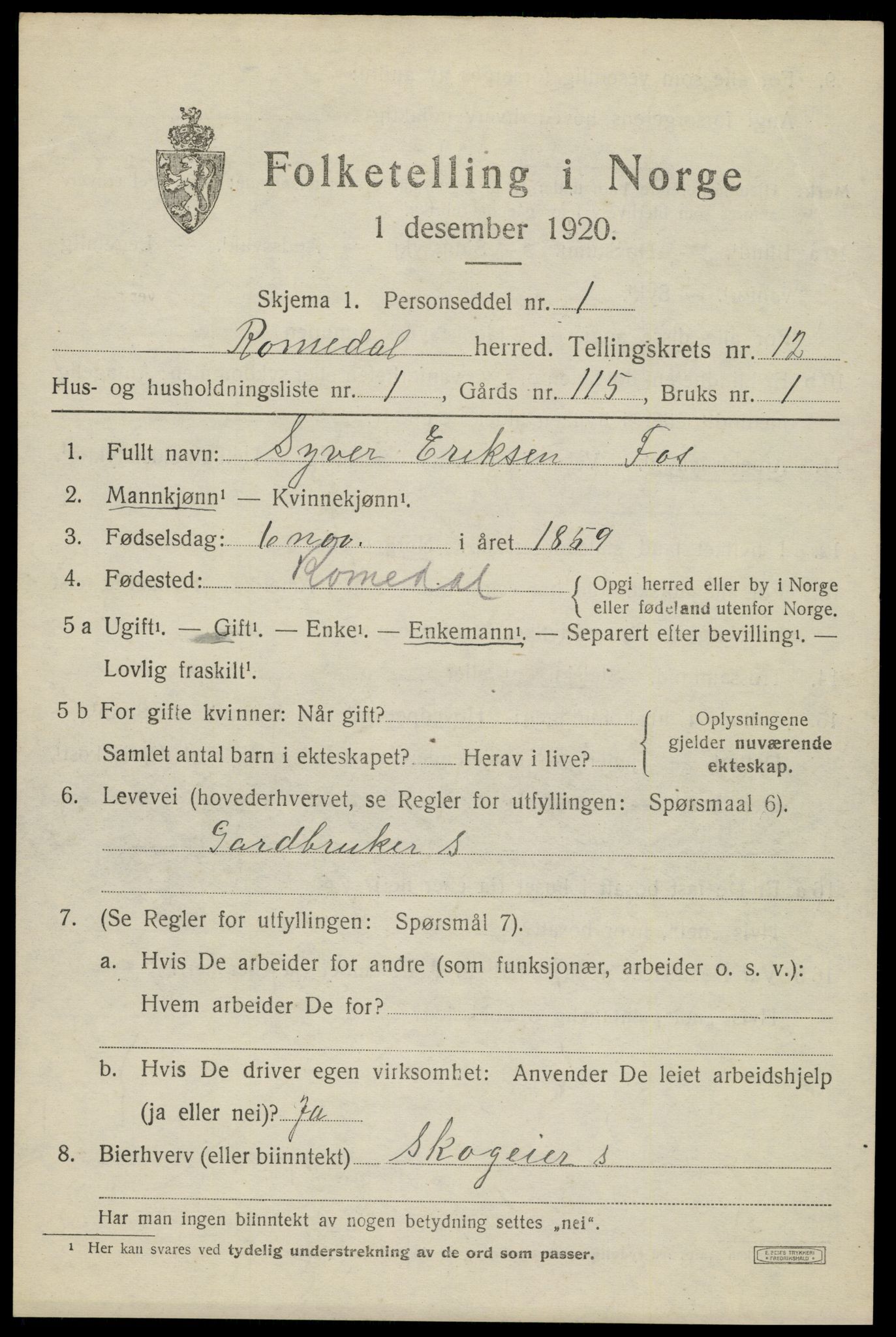 SAH, 1920 census for Romedal, 1920, p. 12595