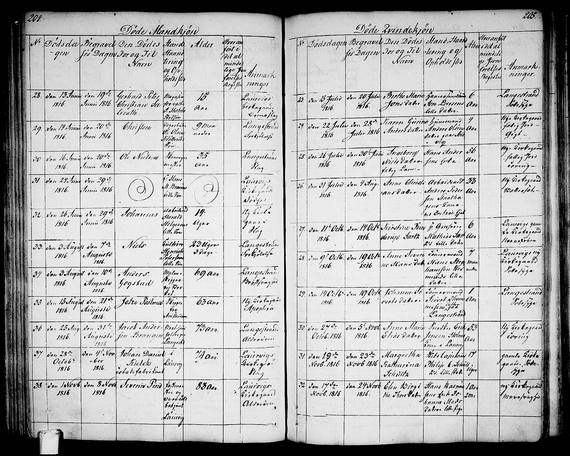 Larvik kirkebøker, AV/SAKO-A-352/G/Ga/L0002: Parish register (copy) no. I 2, 1807-1830, p. 204-205