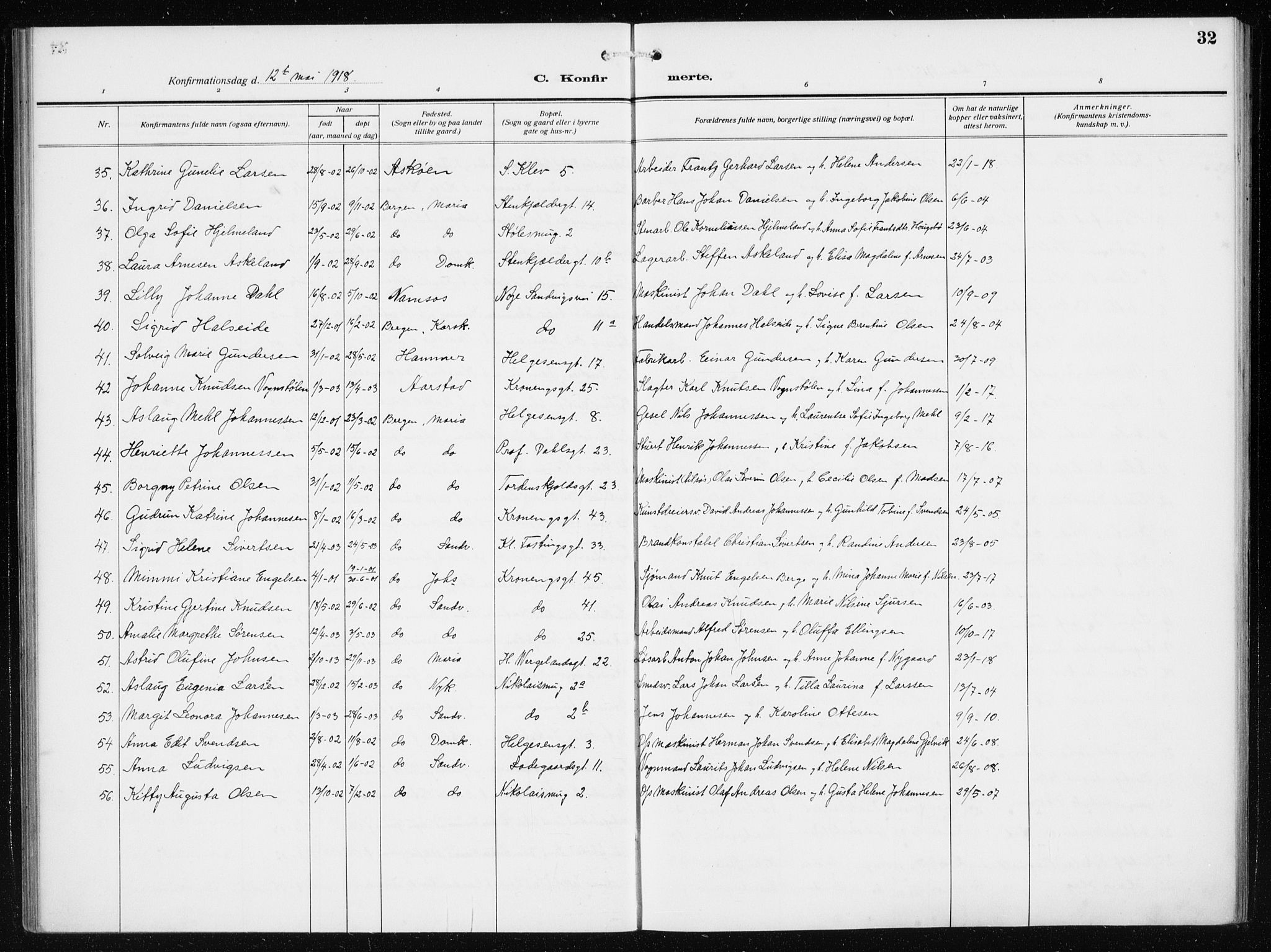 Mariakirken Sokneprestembete, AV/SAB-A-76901/H/Haa/L0015: Parish register (official) no. C 3, 1913-1927, p. 32