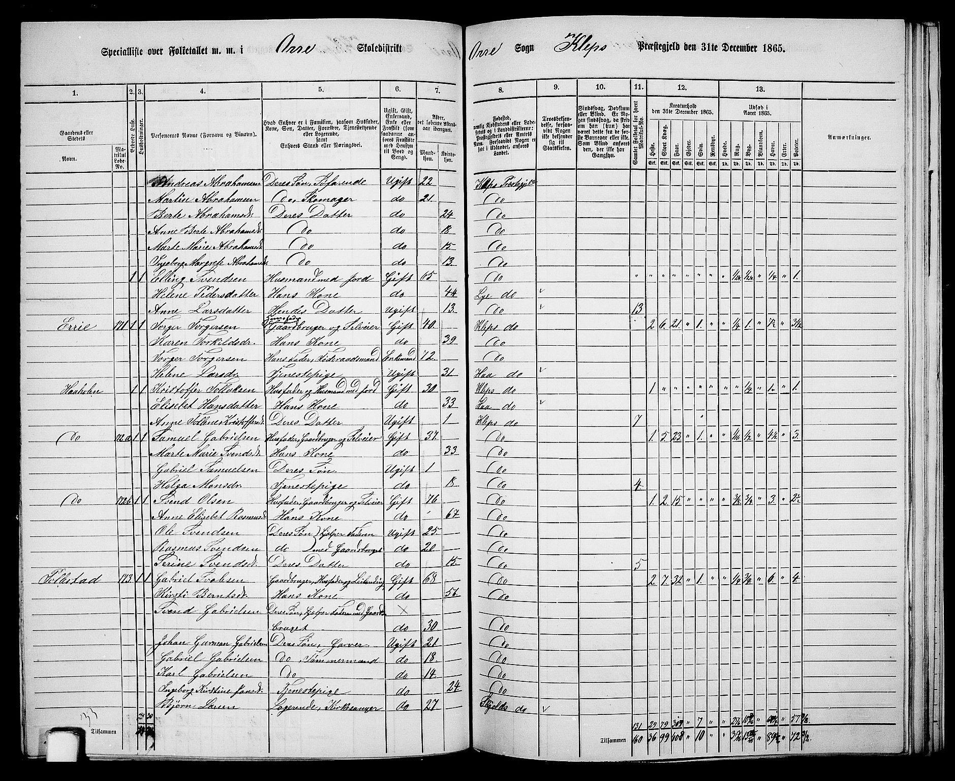 RA, 1865 census for Klepp, 1865, p. 62