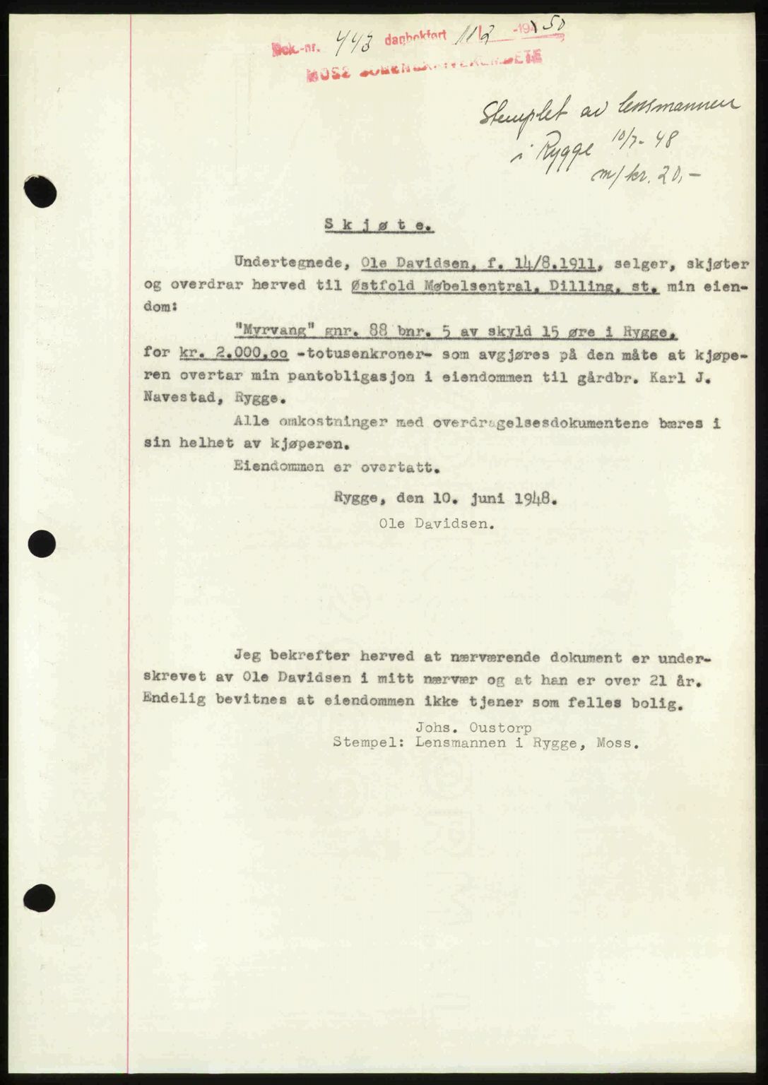Moss sorenskriveri, SAO/A-10168: Mortgage book no. A25, 1950-1950, Diary no: : 443/1950