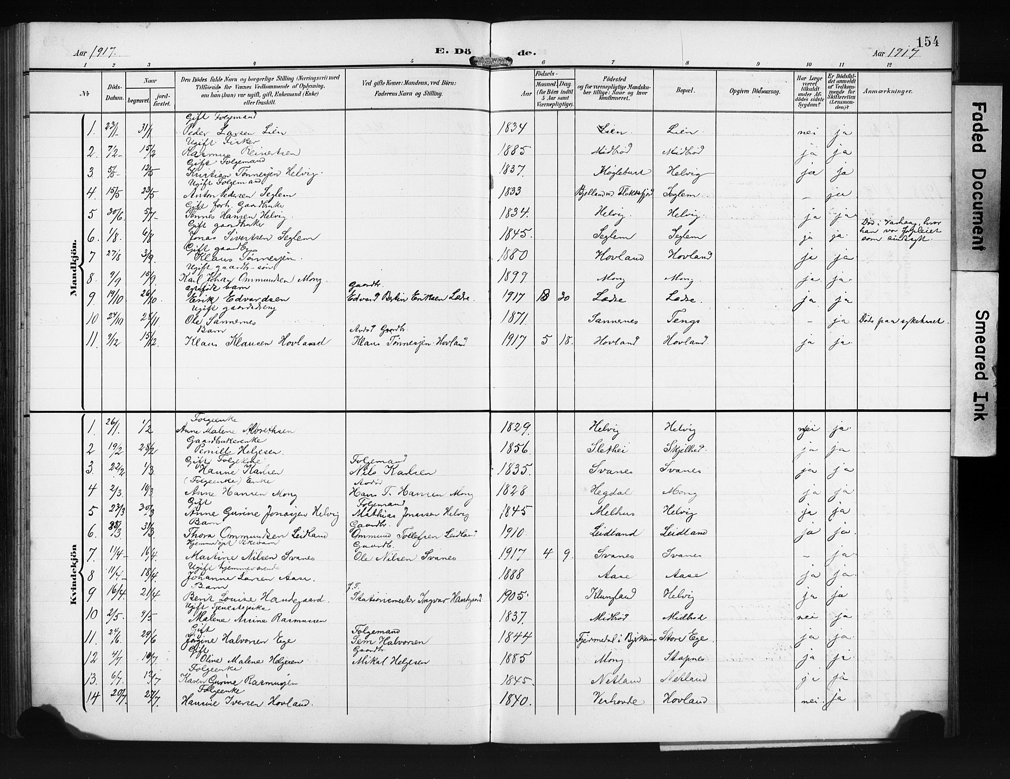 Eigersund sokneprestkontor, SAST/A-101807/S09/L0011: Parish register (copy) no. B 11, 1908-1930, p. 154