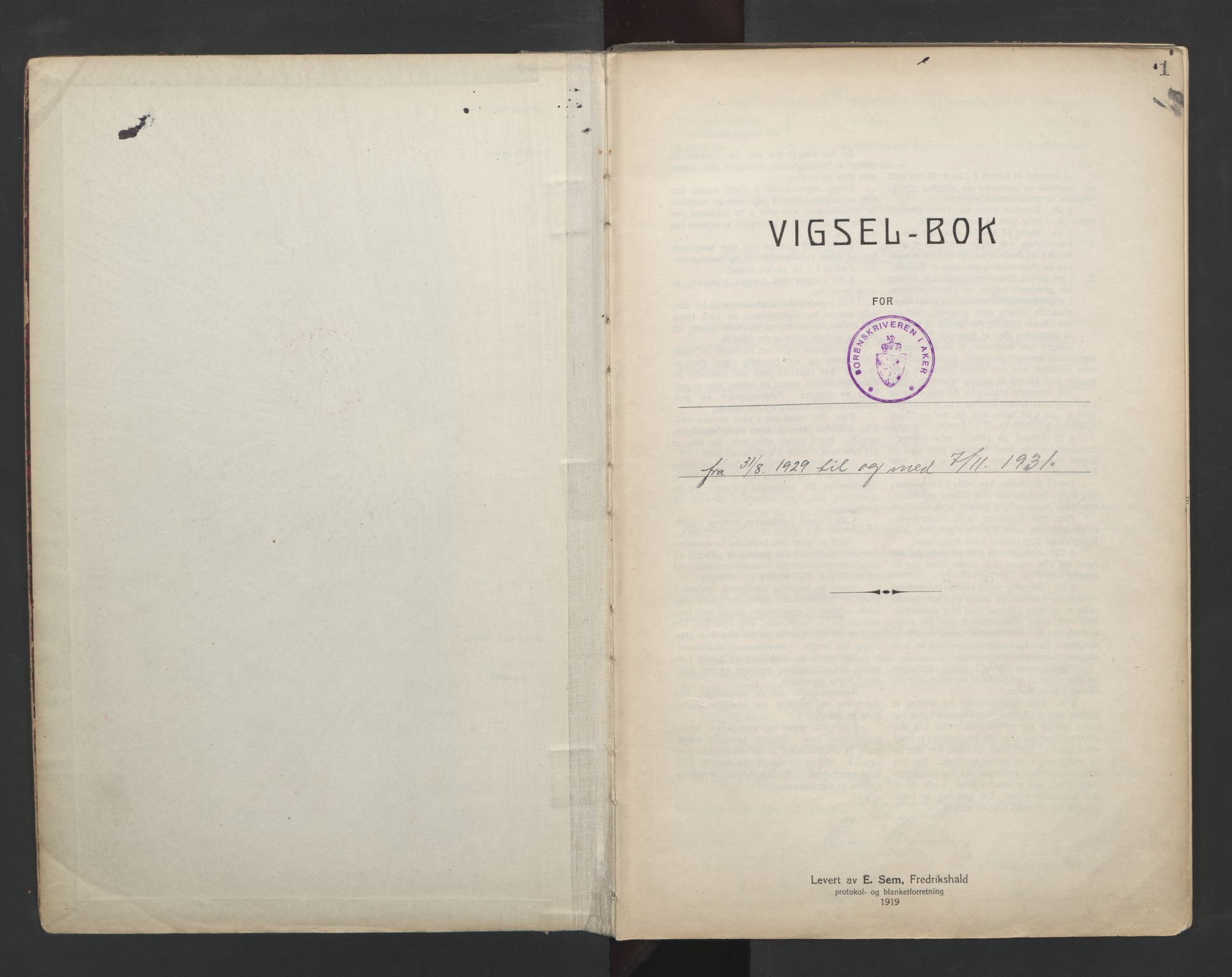 Aker sorenskriveri, SAO/A-10895/L/Lc/Lcb/L0005: Vigselprotokoll, 1929-1931, p. 1